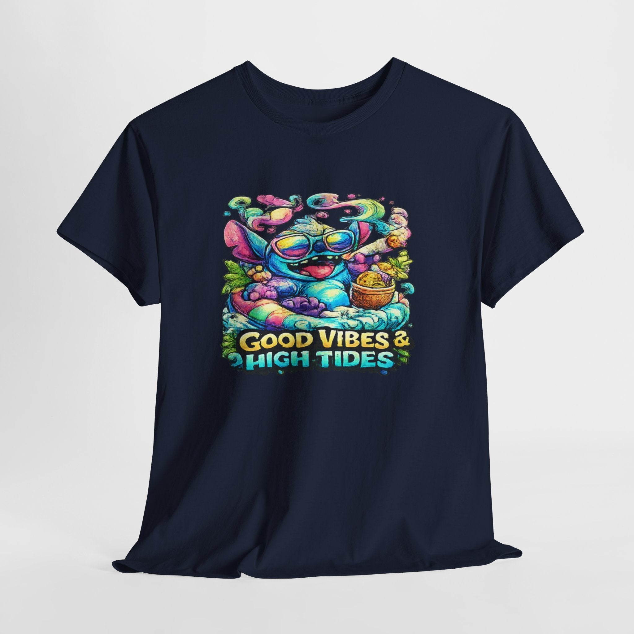 T-Shirt — "Good Vibes & High Tides" Colorful Surf Shark Graphic Tee