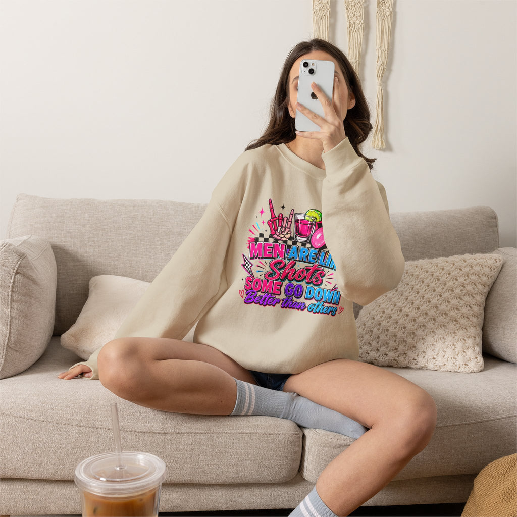 Crewneck Sweatshirt — "Men Are Like Shots" Retro Neon Cocktail Graphic