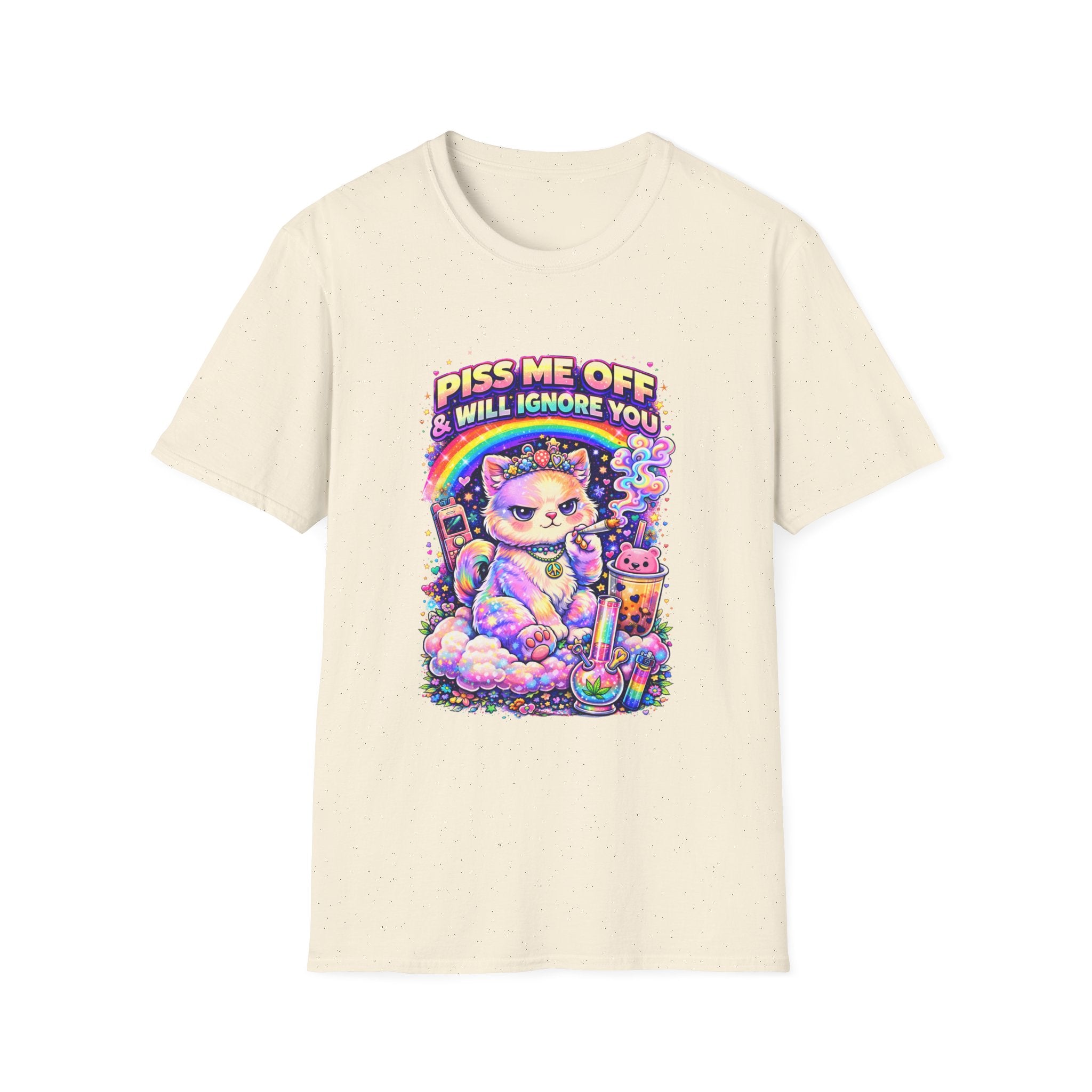 Graphic T-Shirt — "Piss Me Off & I Will Ignore You" Cute Grumpy Cat Rainbow Design