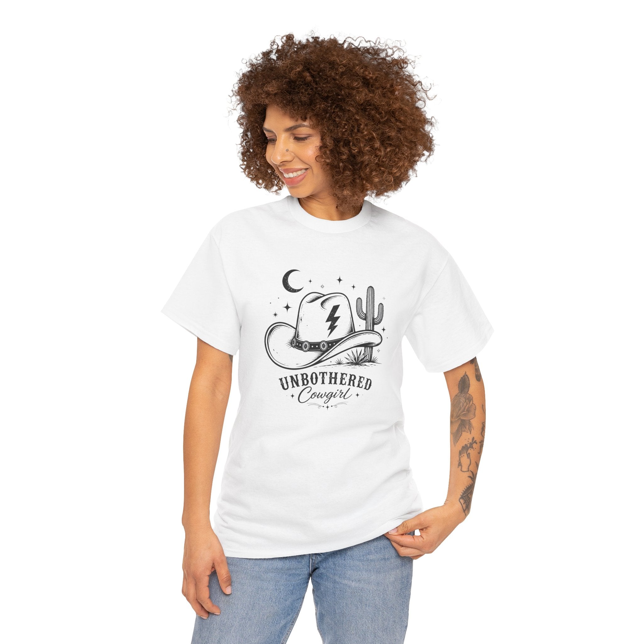 Unbothered Cowgirl Graphic Tee — Western Cowboy Hat & Cactus Design