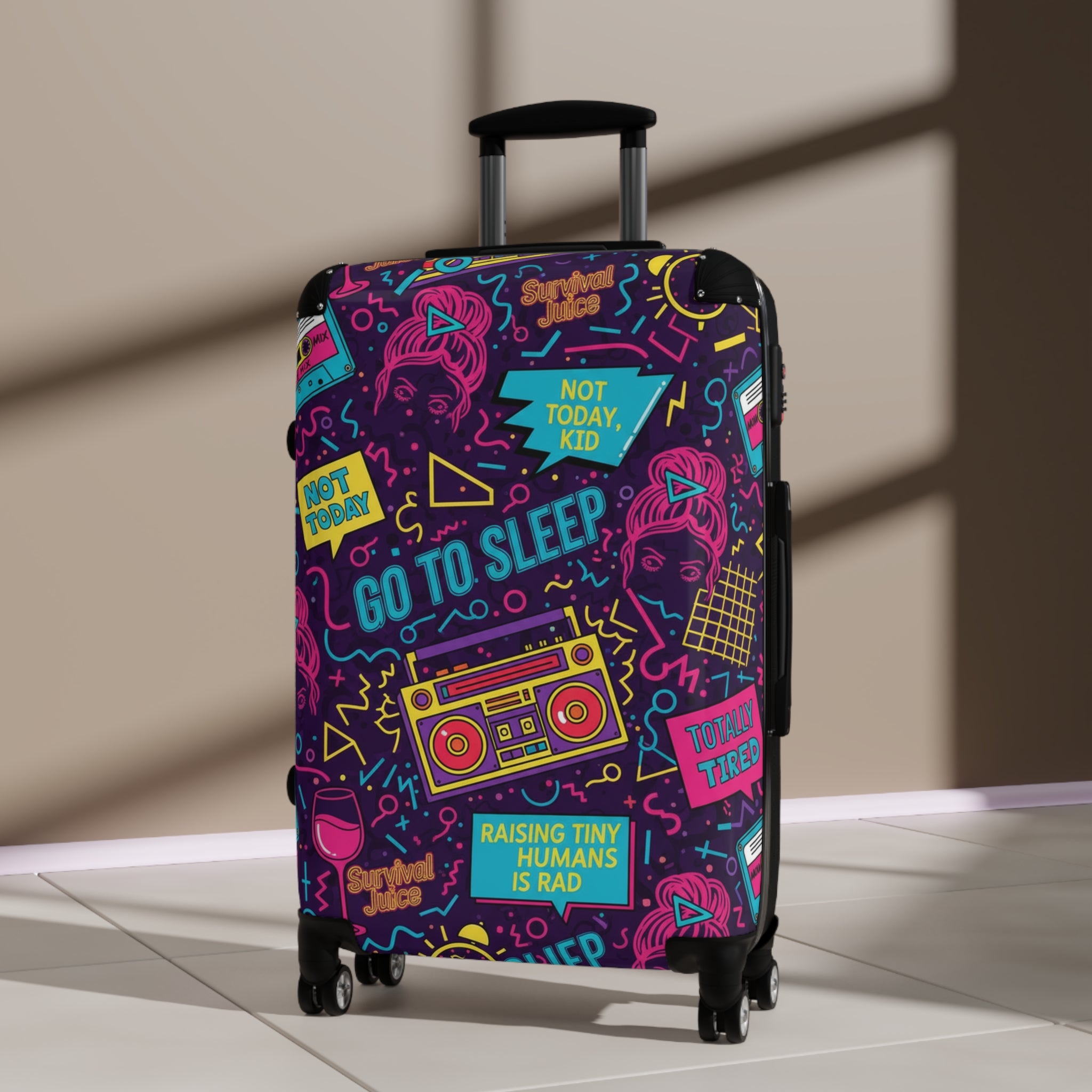 Carry-On Suitcase with Neon ‘Go To Sleep’ Retro Mom Travel Cover