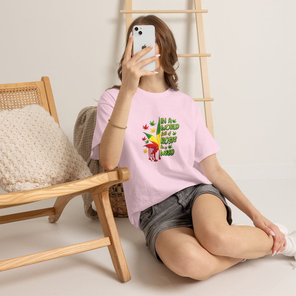 T-Shirt — "In A World Where Mosses Rule" Colorful Mushroom & Leaf Graphic