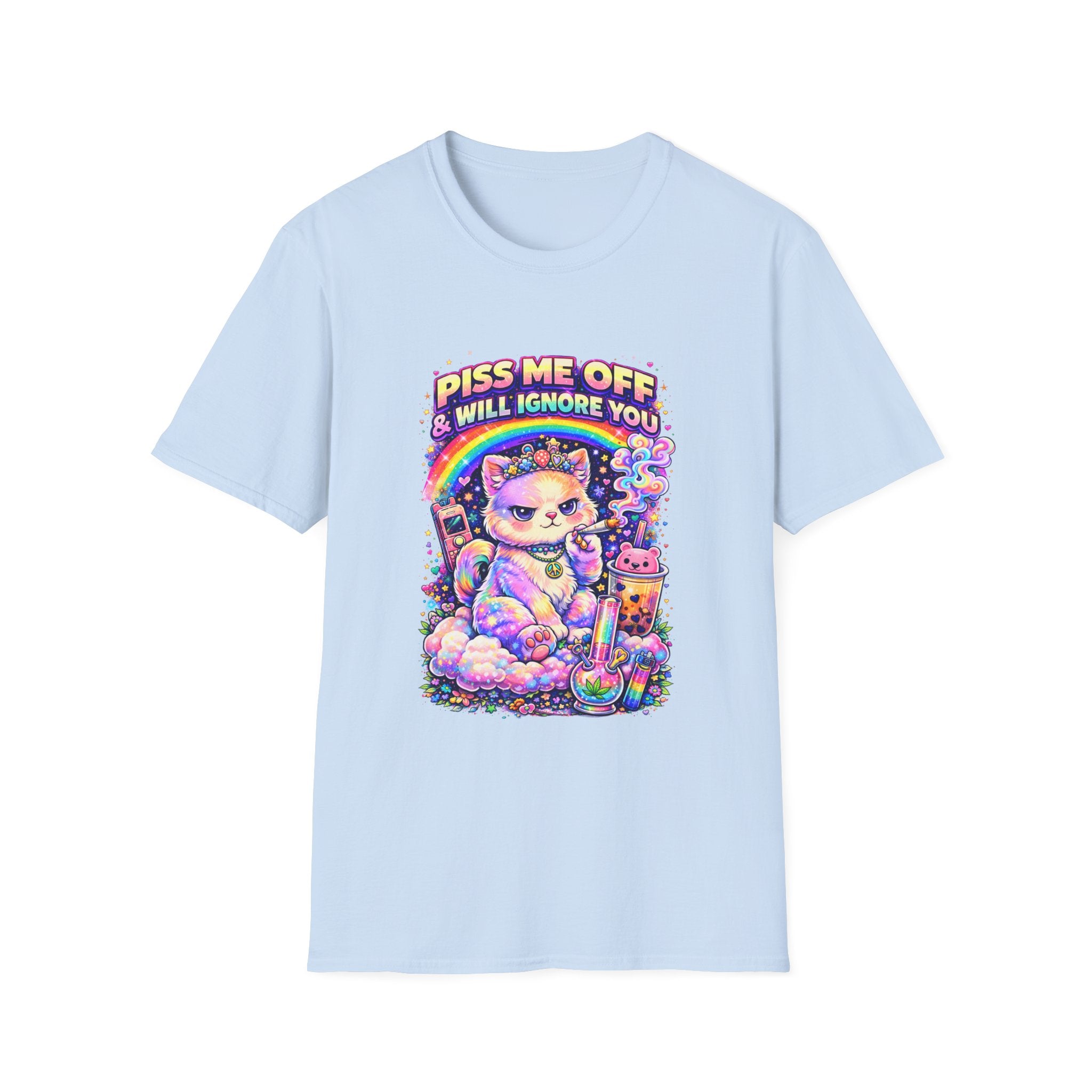 Graphic T-Shirt — "Piss Me Off & I Will Ignore You" Cute Grumpy Cat Rainbow Design
