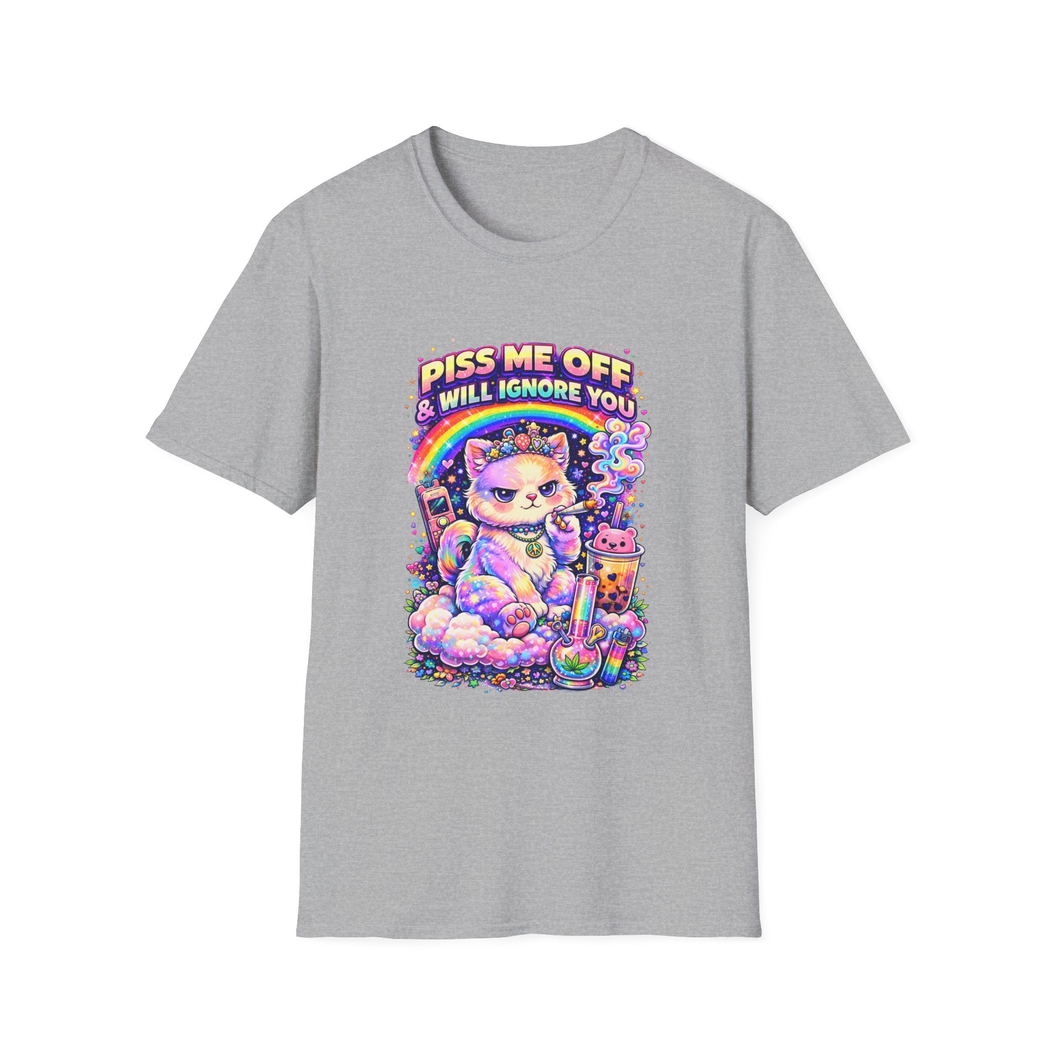 Graphic T-Shirt — "Piss Me Off & I Will Ignore You" Cute Grumpy Cat Rainbow Design