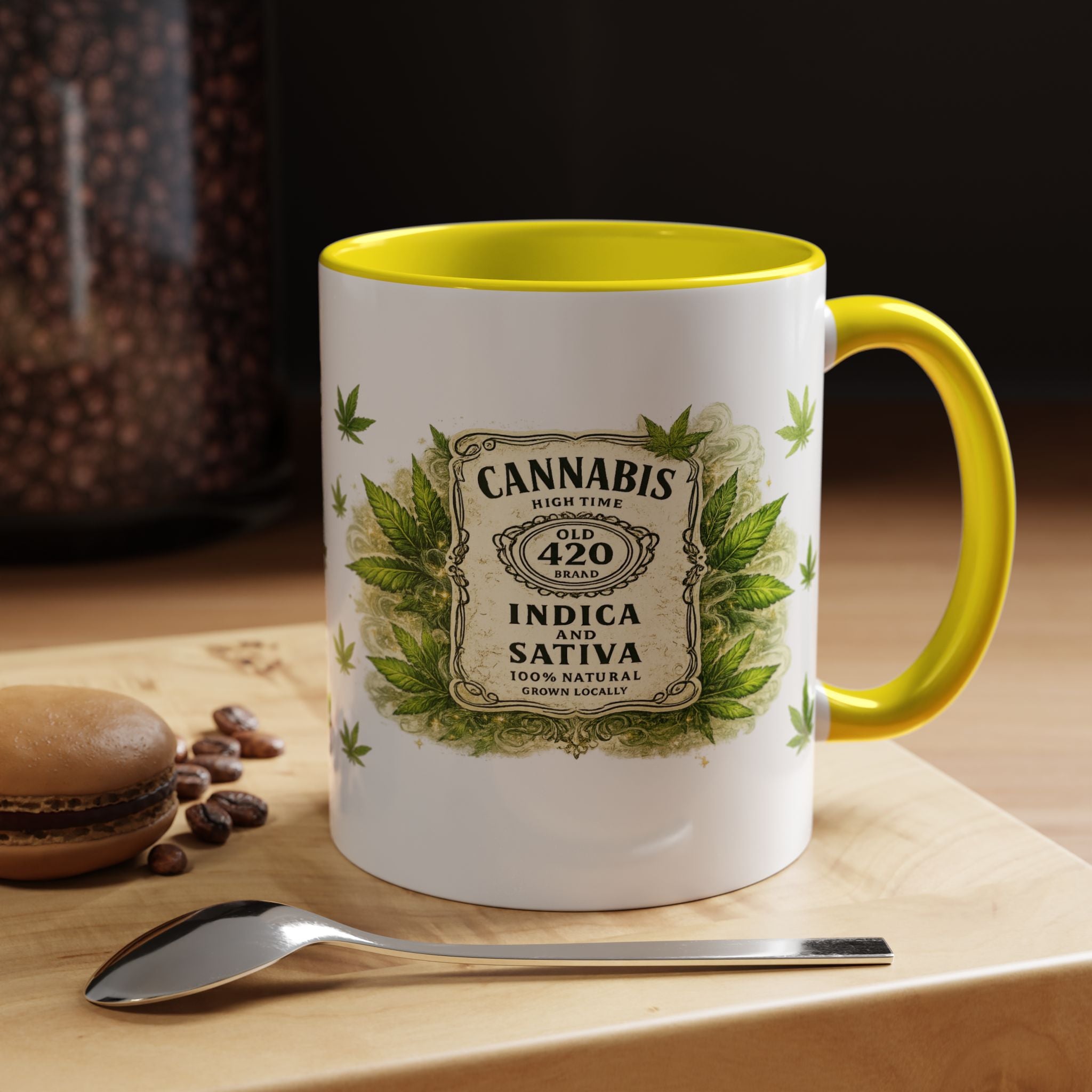 Cannabis 420 Accent Coffee Mug — Indica & Sativa Leaf Pattern (11/15oz)