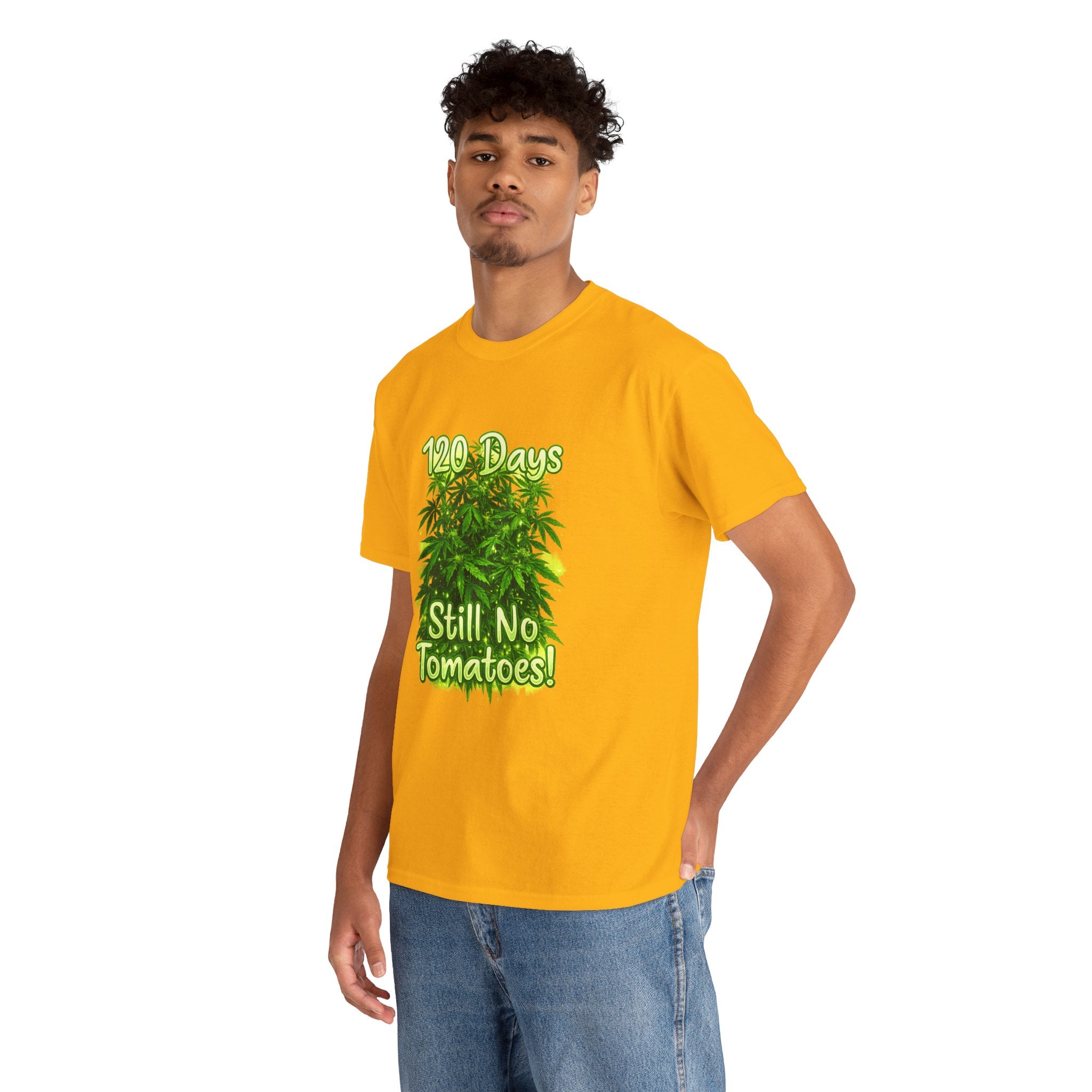 T-Shirt — "120 Days Still No Tomatoes" Garden Humor Tee