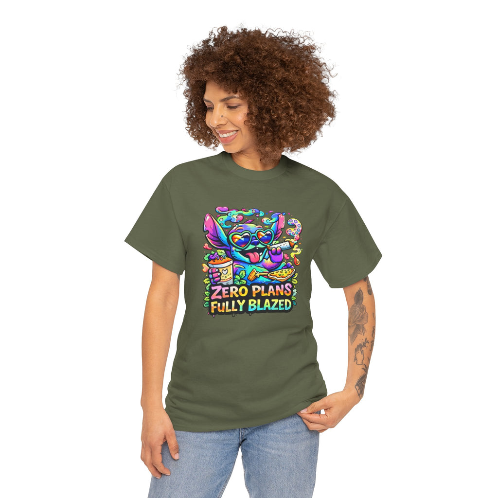 Zero Plans Fully Blazed Tee — Colorful Stoner Cat Graphic T-Shirt