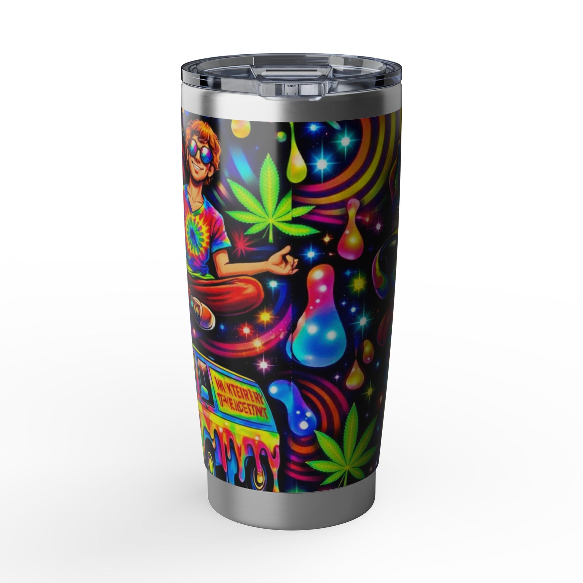 Psychedelic Hippie Tumbler — 20oz Vagabond Travel Mug with Tie-Dye & Cannabis Art