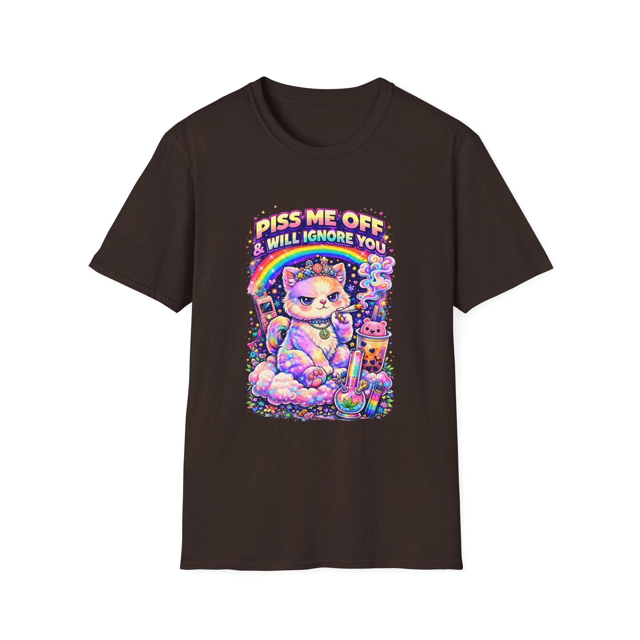 Graphic T-Shirt — "Piss Me Off & I Will Ignore You" Cute Grumpy Cat Rainbow Design