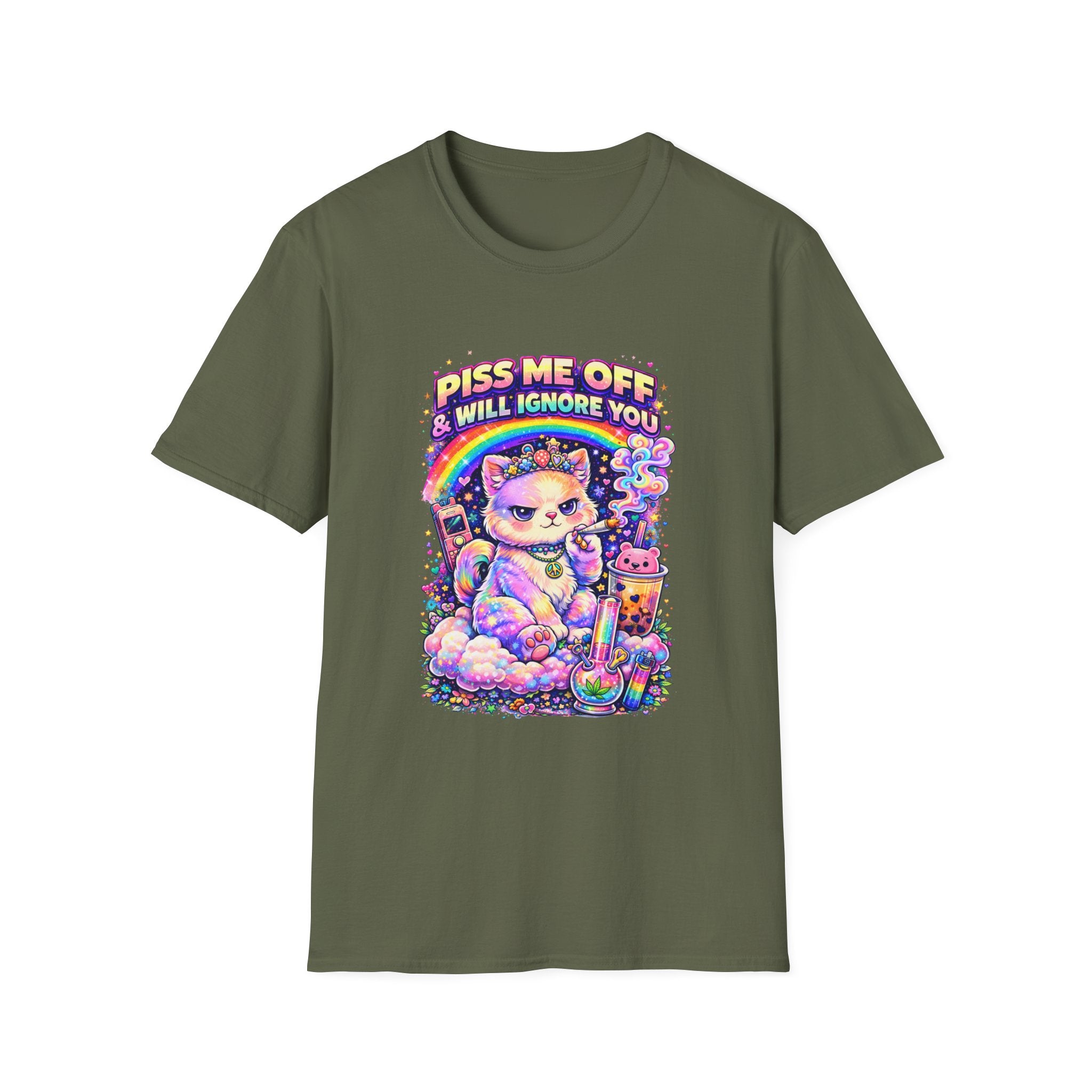 Graphic T-Shirt — "Piss Me Off & I Will Ignore You" Cute Grumpy Cat Rainbow Design