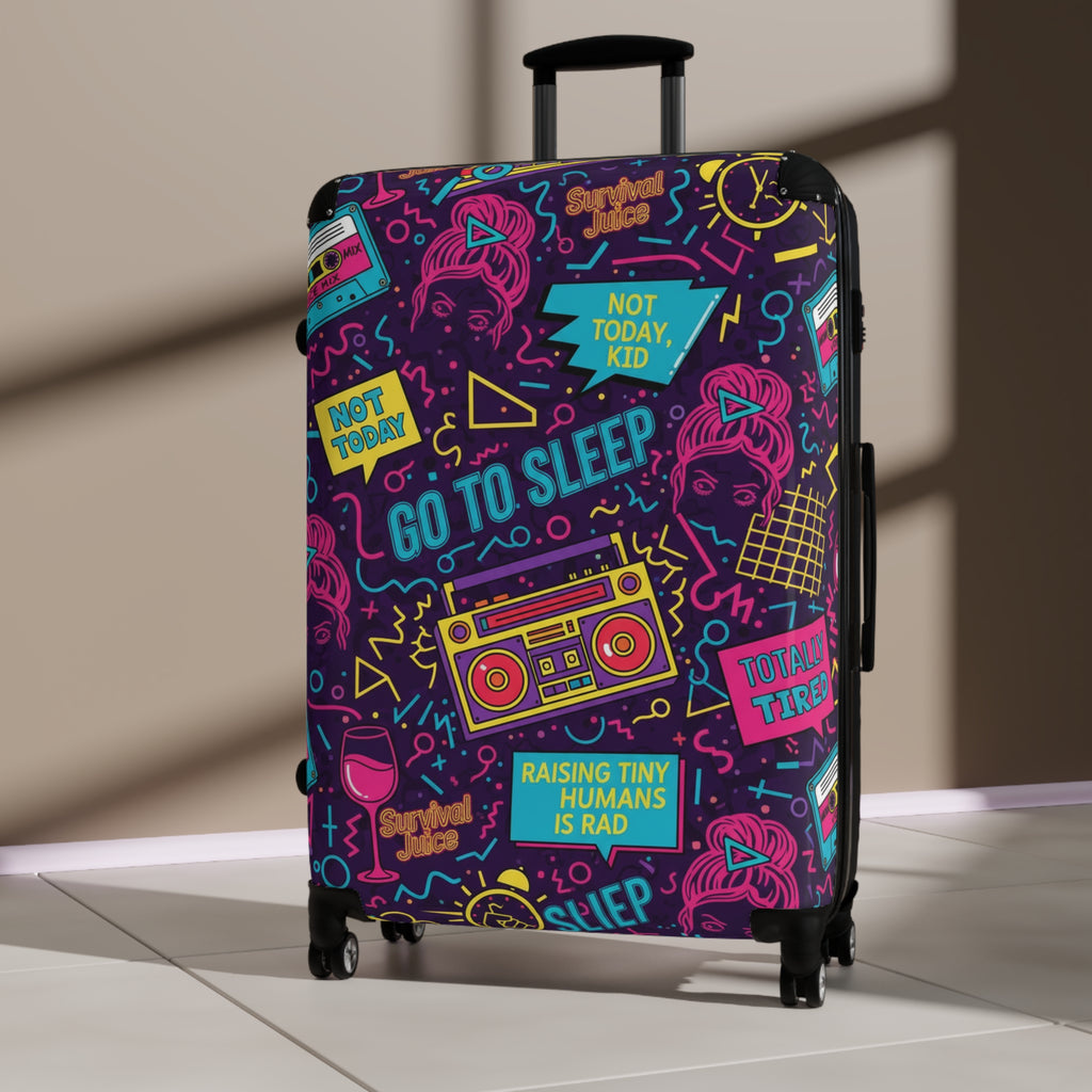 Carry-On Suitcase with Neon ‘Go To Sleep’ Retro Mom Travel Cover