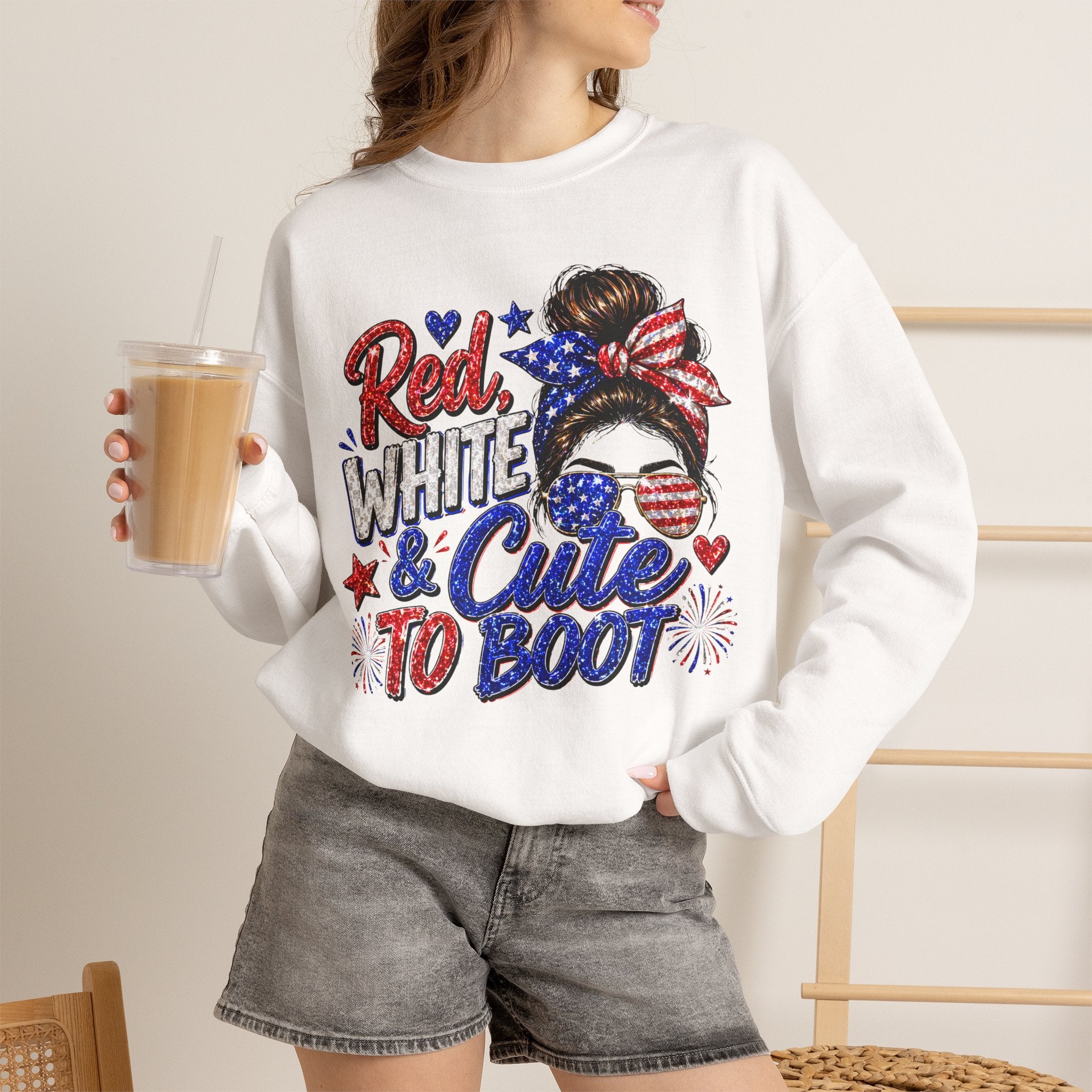 Crewneck Sweatshirt - "Red, White & Cute to Boot" Patriotic Women’s Graphic