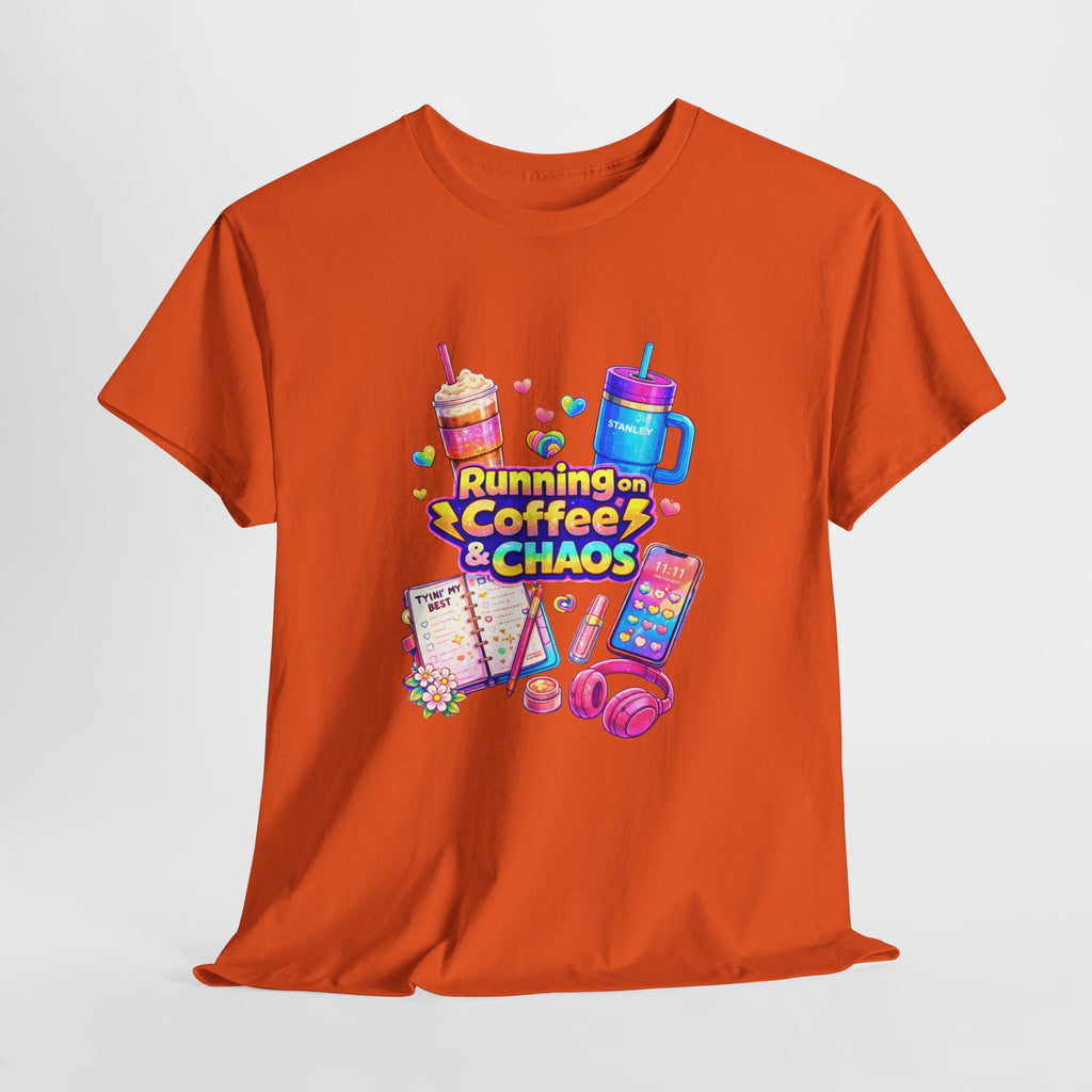Graphic Tee — "Running on Coffee & Chaos" Colorful Planner Lover Shirt