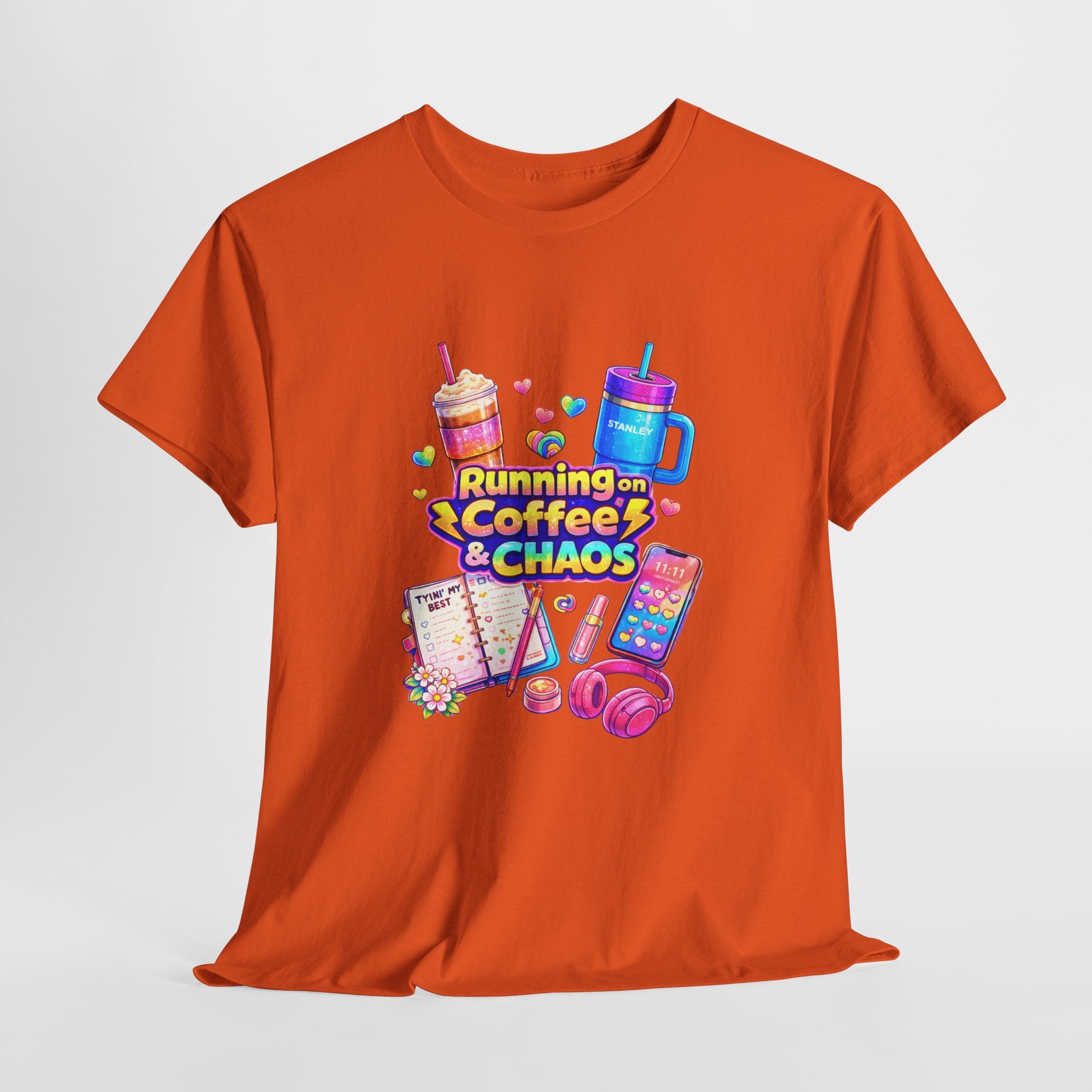 Graphic Tee — "Running on Coffee & Chaos" Colorful Planner Lover Shirt