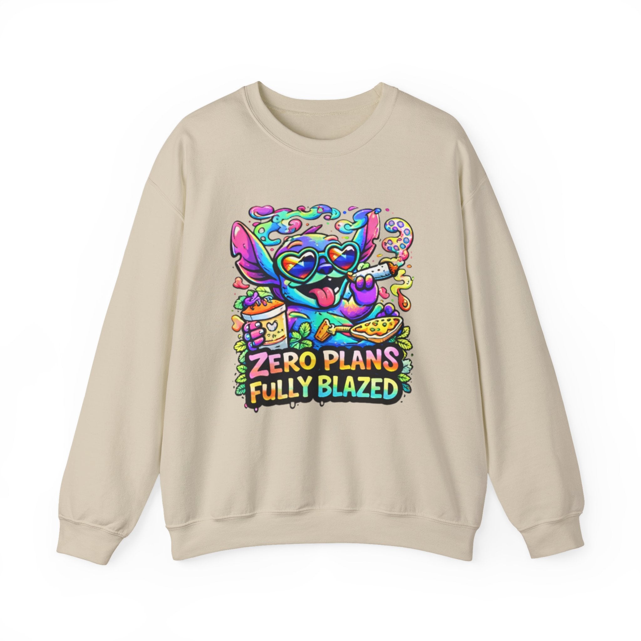 Crewneck Sweatshirt — "Zero Plans Fully Blazed" Colorful Stoner Cartoon Graphic