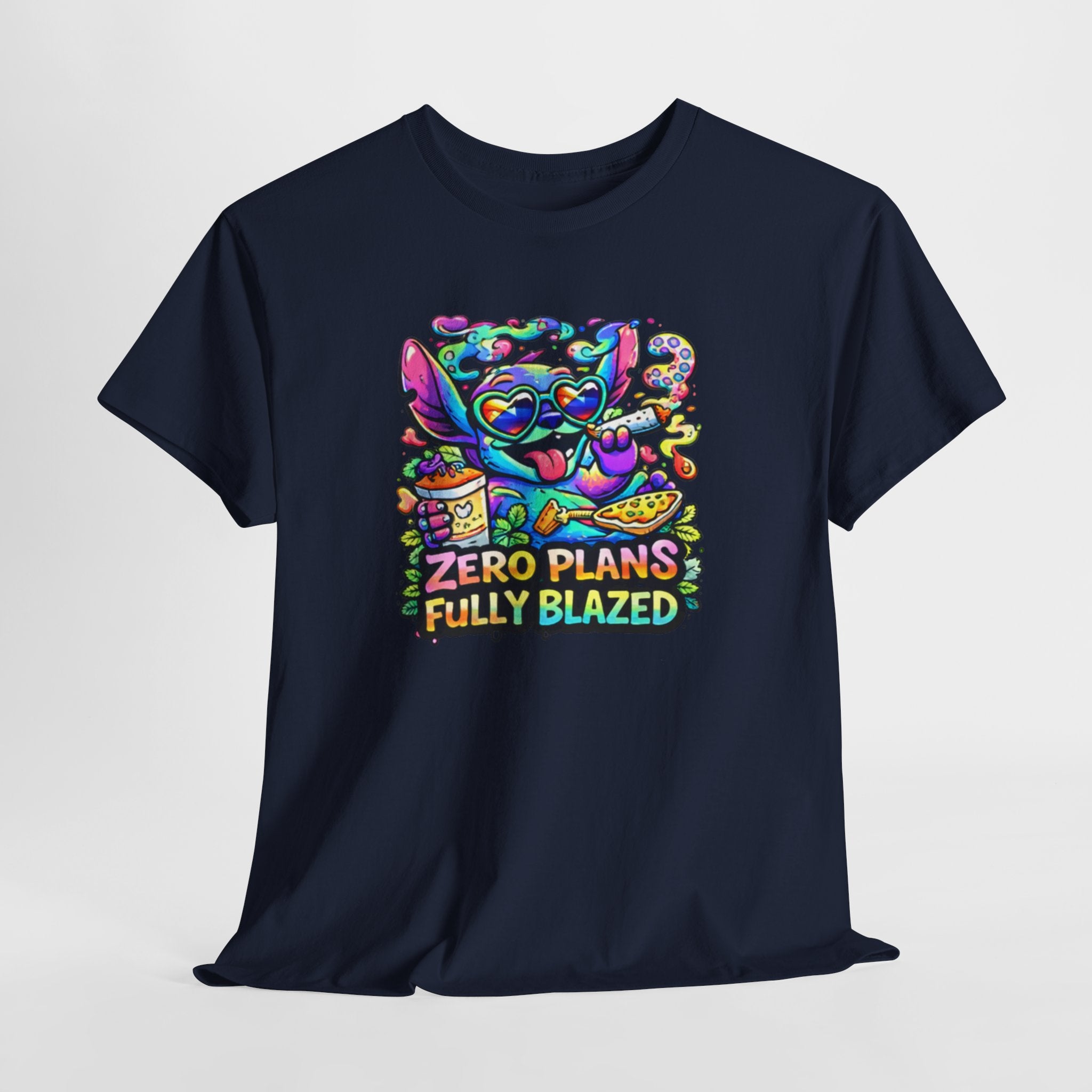 Zero Plans Fully Blazed Tee — Colorful Stoner Cat Graphic T-Shirt