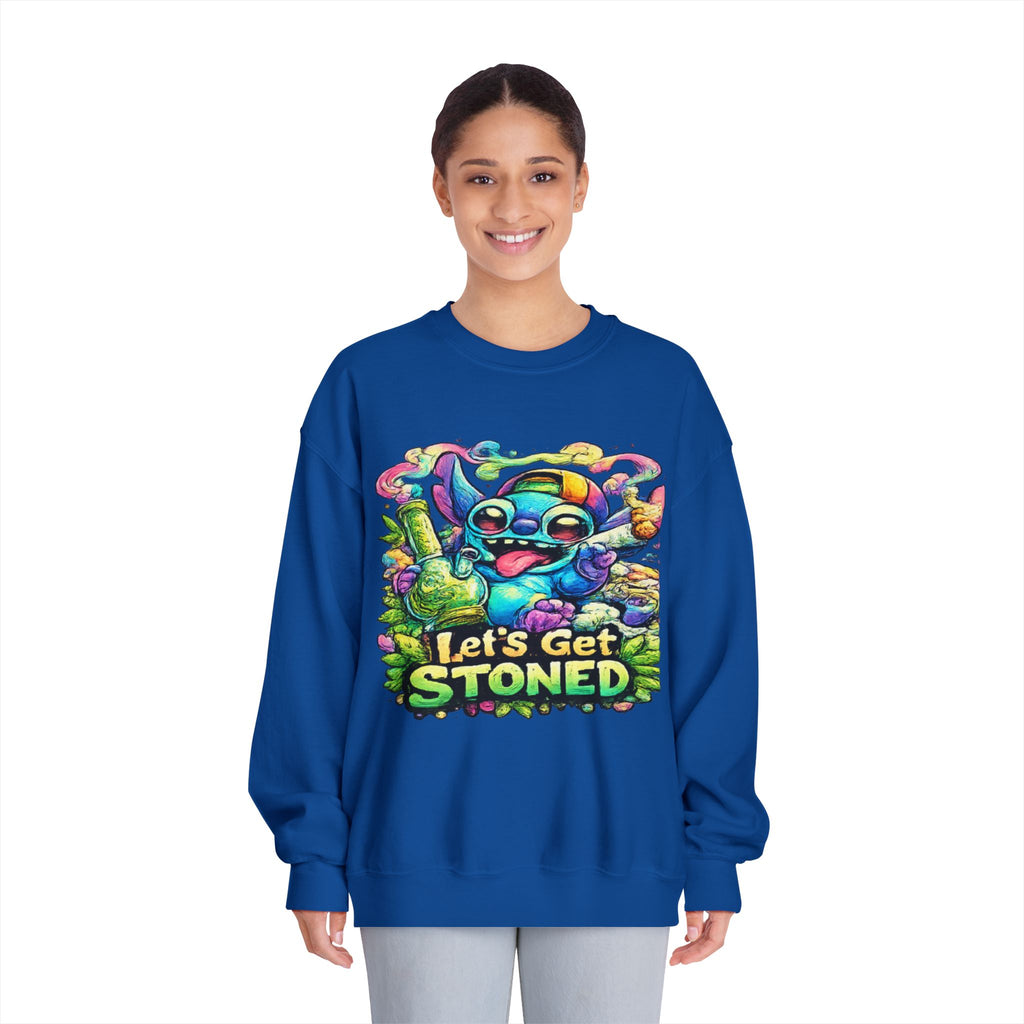 Let's Get Stoned Crewneck Sweatshirt – Colorful Psychedelic Alien Graphic