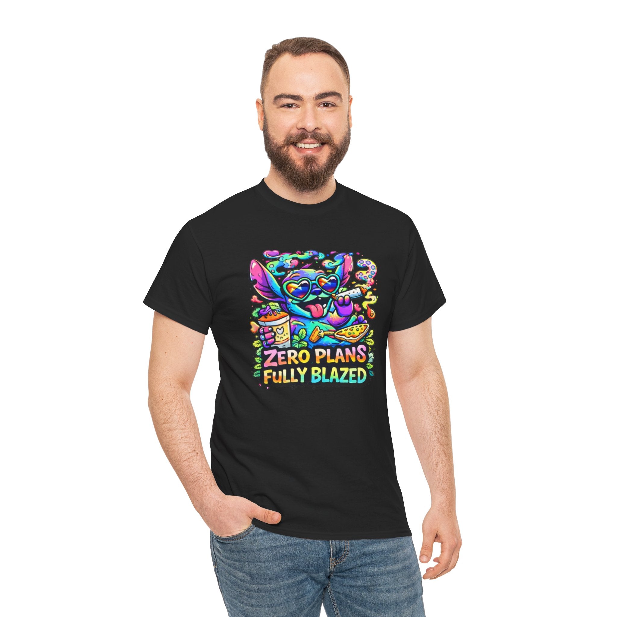 Zero Plans Fully Blazed Tee — Colorful Stoner Cat Graphic T-Shirt