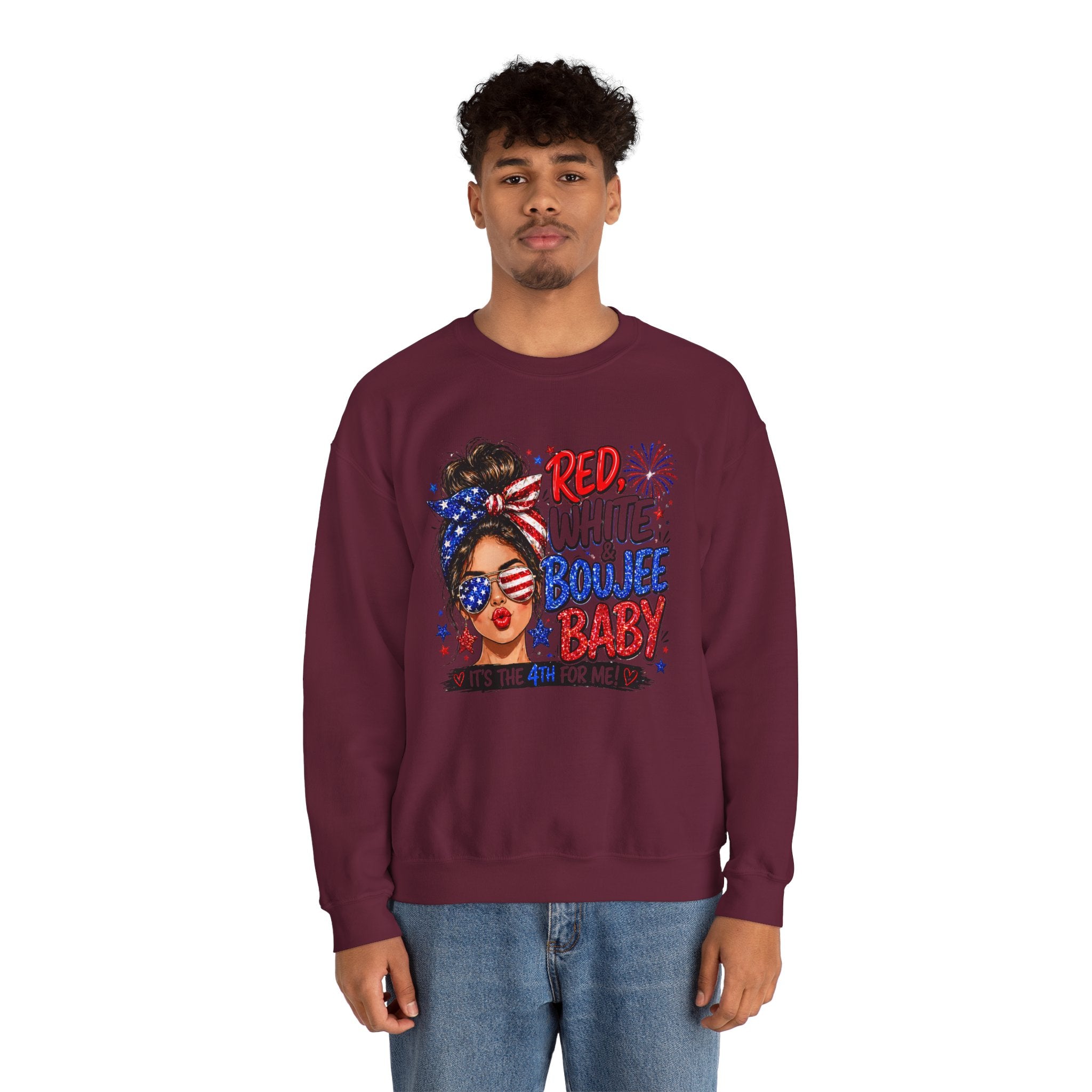 Crewneck Sweatshirt — "Red White Boujee Baby" Patriotic Women's 4th of July Graphic