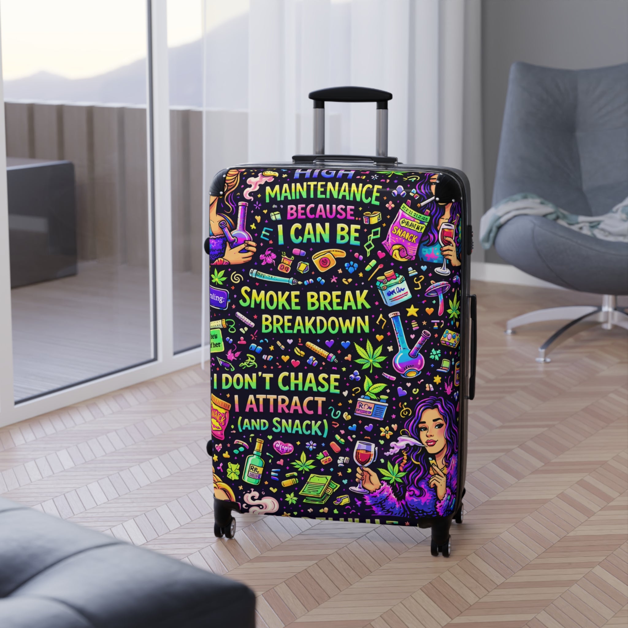 Suitcase — Colorful Cannabis Self-Care Carry-On: "Maintenance Because I Can Be" Travel Luggage