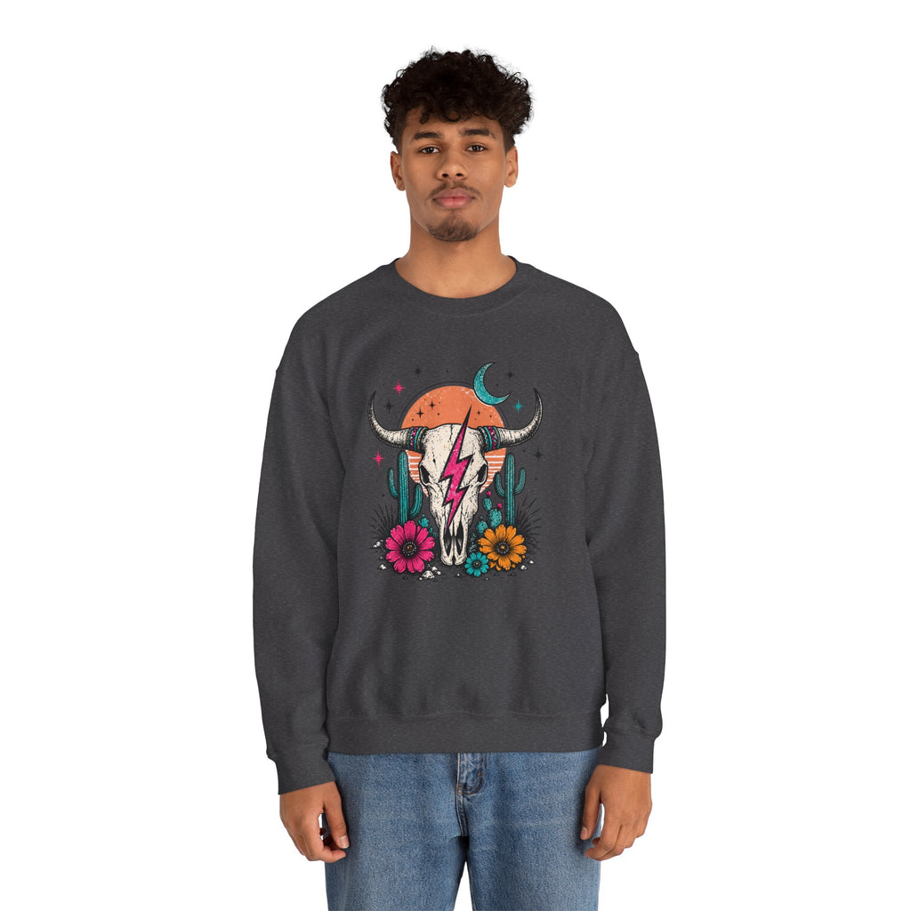 Southwest Skull Crewneck Sweatshirt — Desert Cactus Lightning Graphic