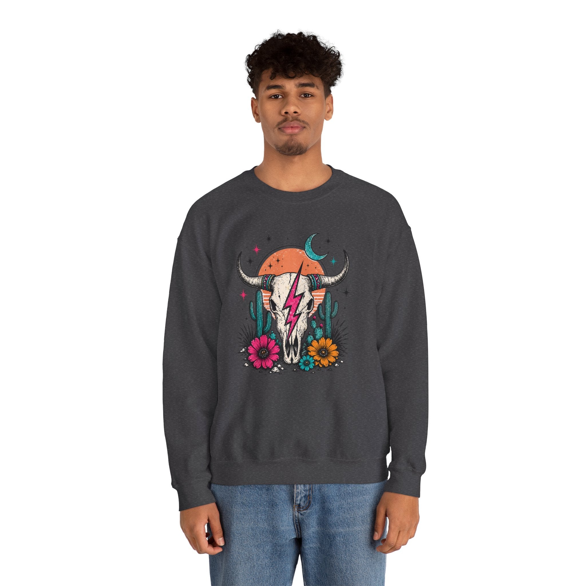 Southwest Skull Crewneck Sweatshirt — Desert Cactus Lightning Graphic