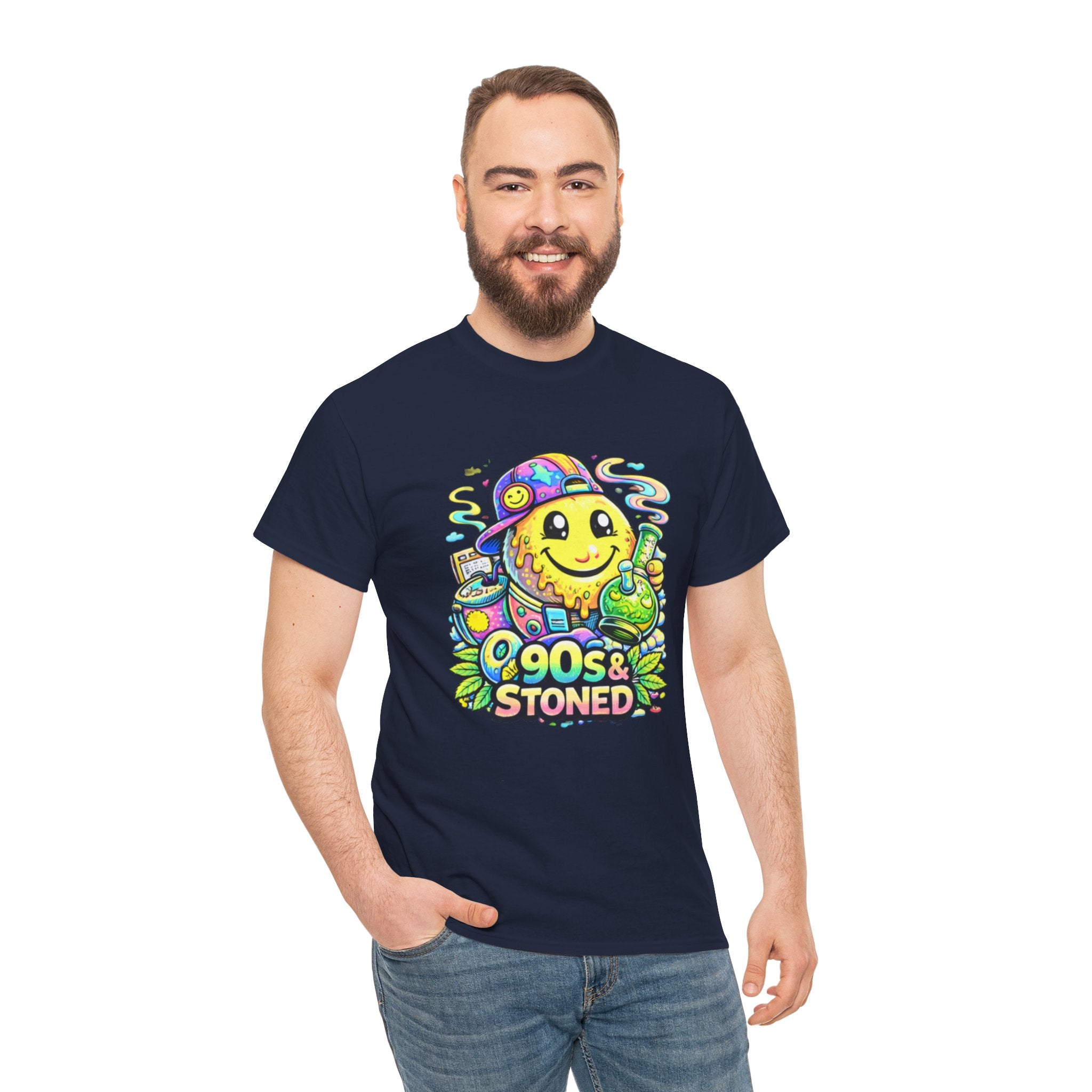 90s & Stoned Smiley Tee — Retro Vaporwave Cannabis Graphic T-Shirt
