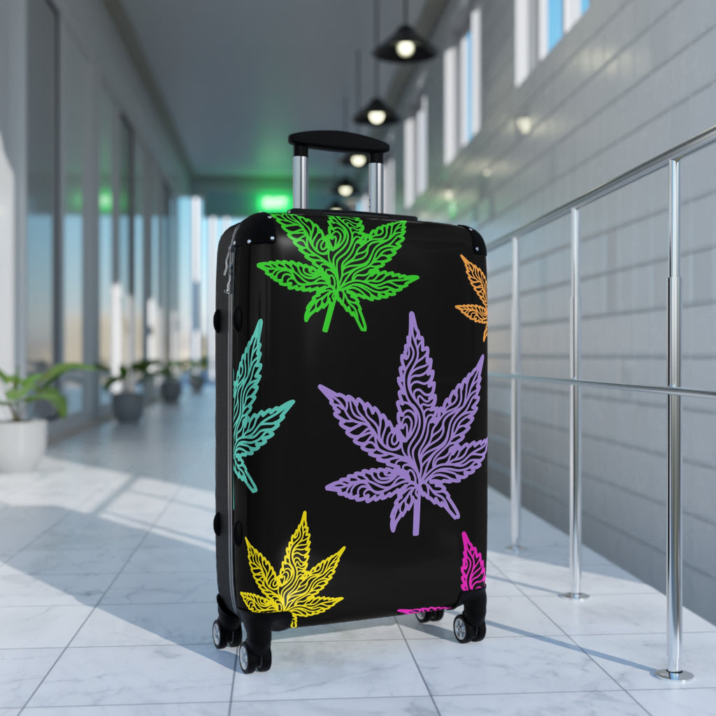Carry-On Suitcase with Colorful Cannabis Leaf Print – Travel Luggage, Funky Marijuana Leaf Design