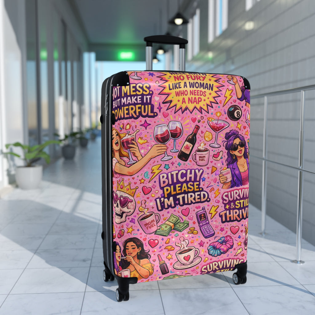 Pink Sassy Travel Suitcase – "Bitchy, Please I'm Tired" Patterned Carry-On