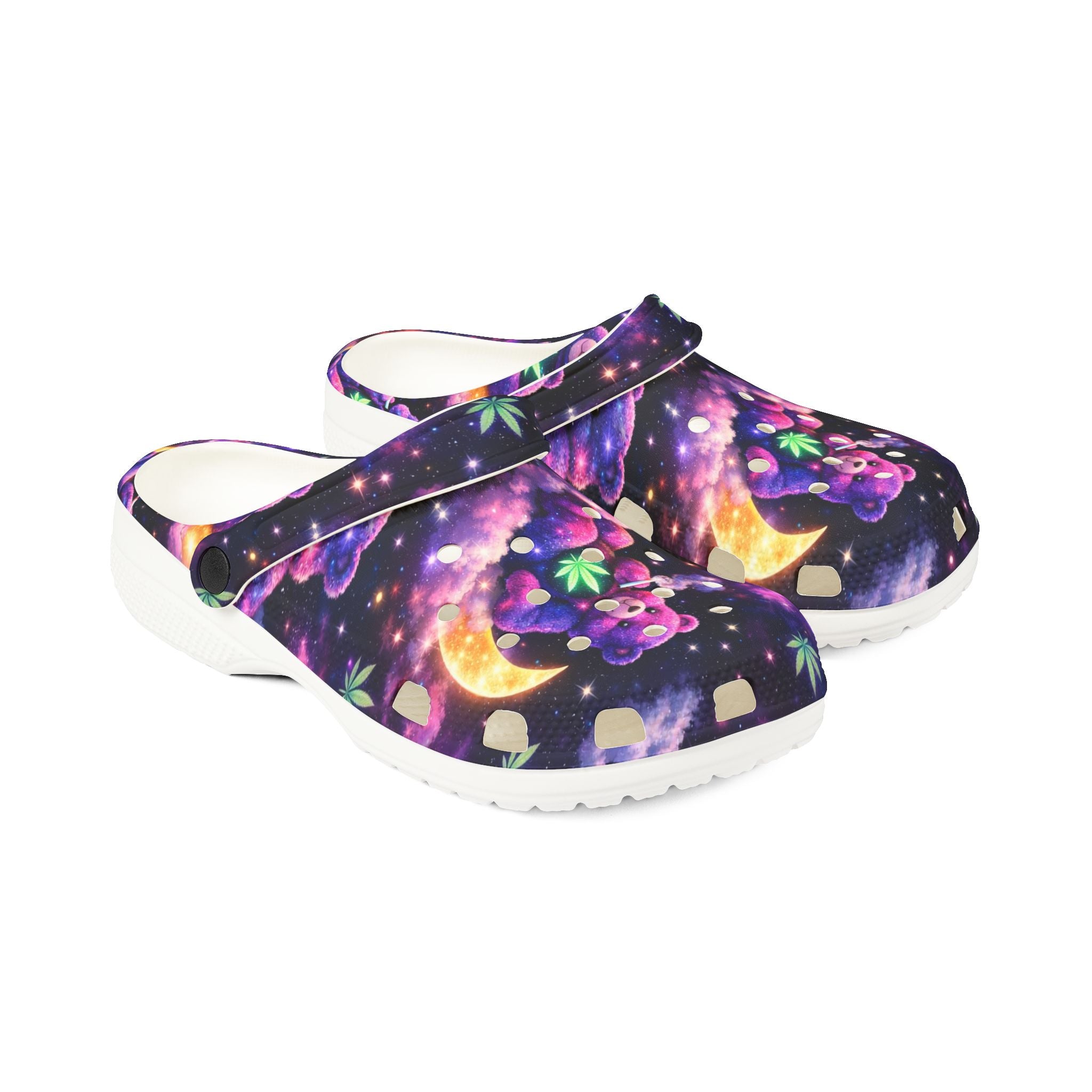 Celestial Teddy Moon EVA Clogs — Purple Galaxy Forest Print Foam Shoes