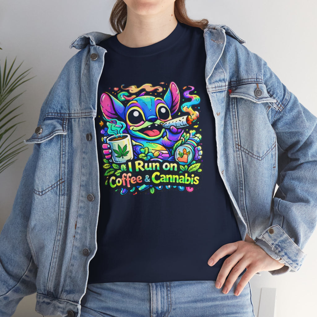 Coffee & Cannabis Tee — 'I Run on Coffee & Cannabis' Cute Stitch Graphic T-Shirt