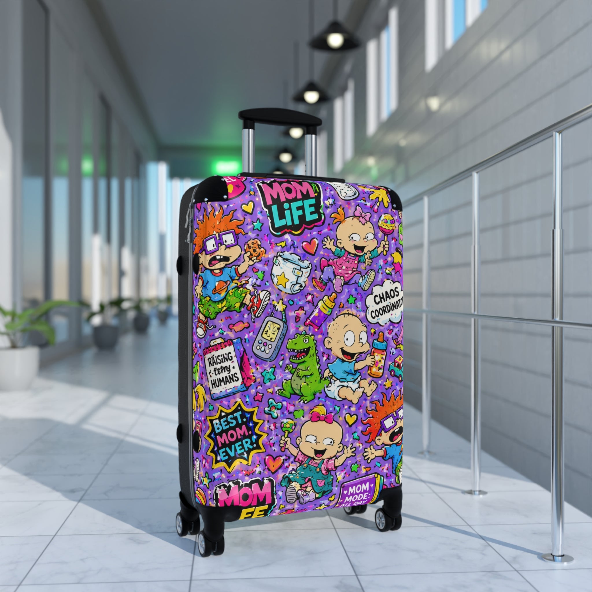 Mom Life Cartoon Suitcase — Colorful Travel Luggage with 'Mom Life' & Chaos Coordinator Design