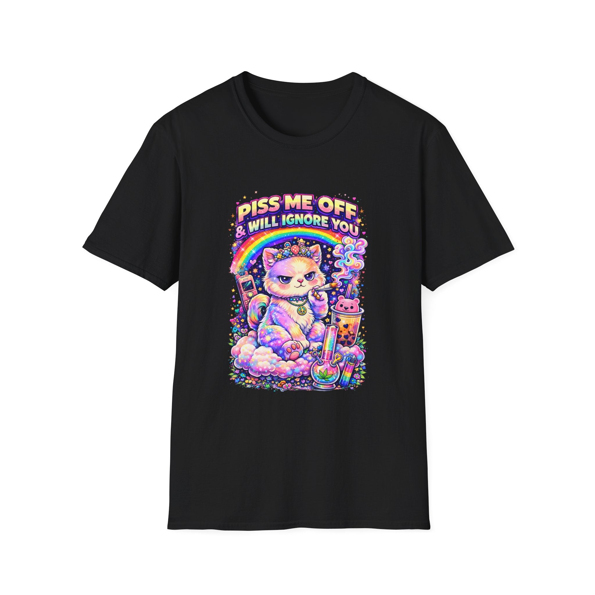 Graphic T-Shirt — "Piss Me Off & I Will Ignore You" Cute Grumpy Cat Rainbow Design