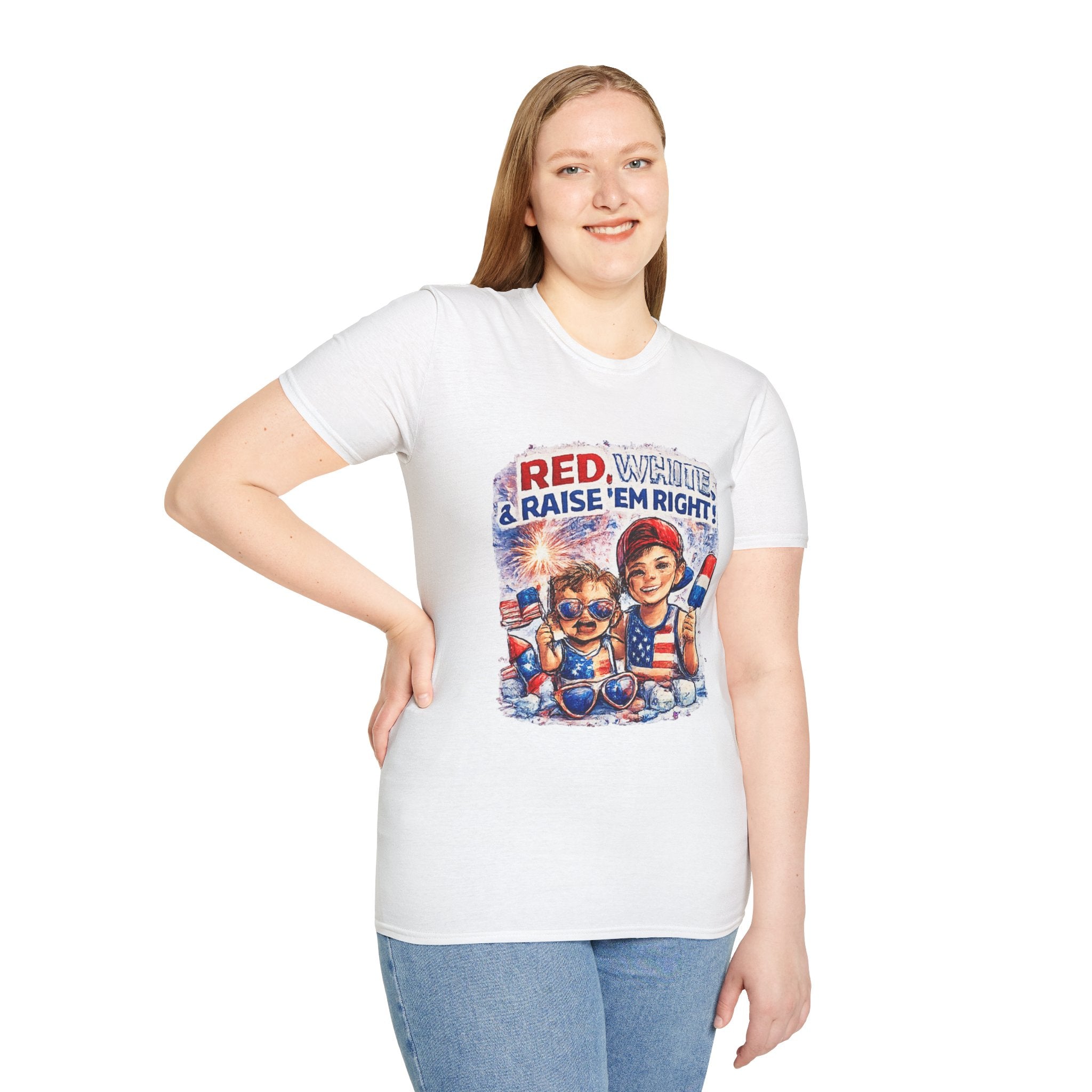 Patriotic Kids Tee — "Red, White & Raise 'Em Right" 4th of July Shirt