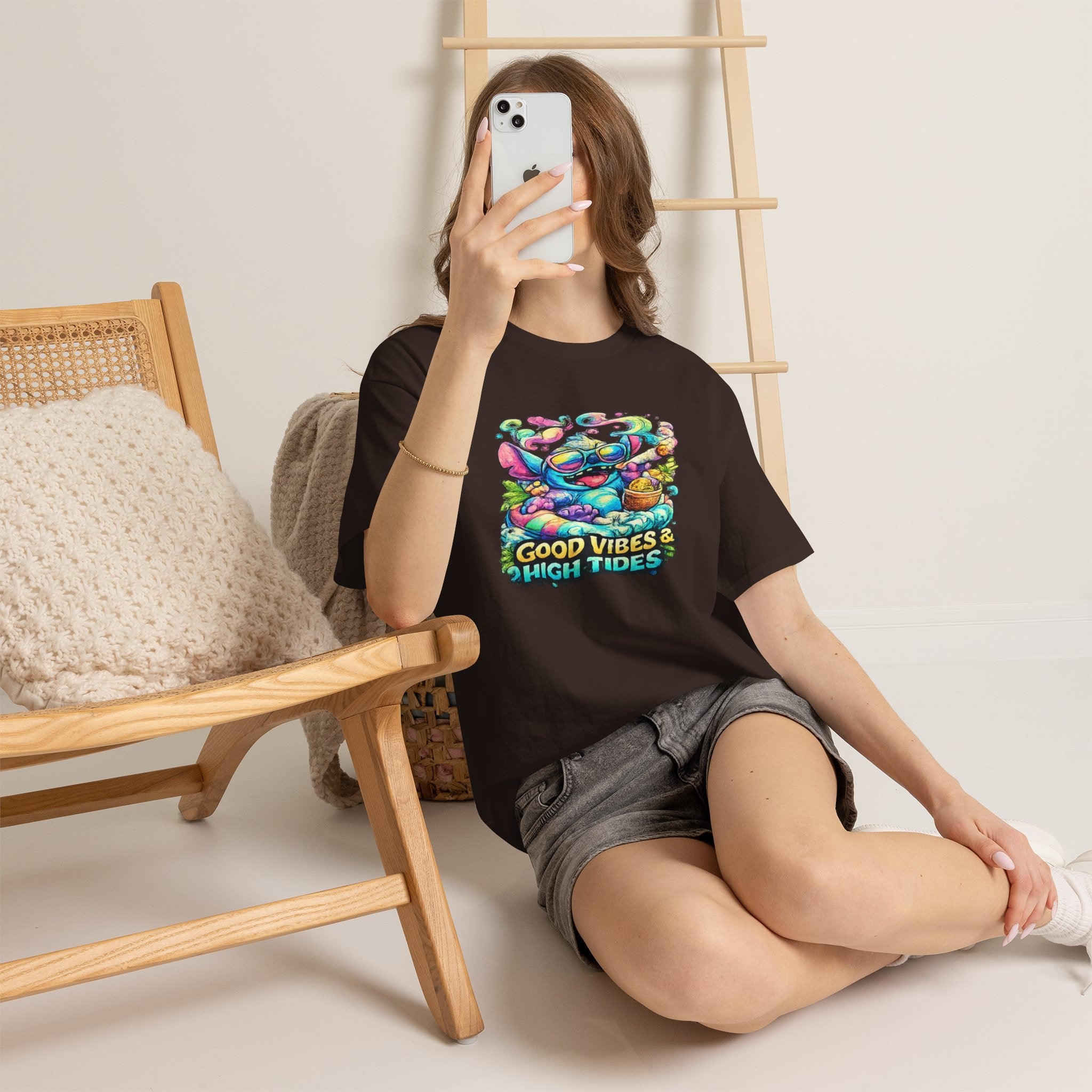 T-Shirt — "Good Vibes & High Tides" Colorful Surf Shark Graphic Tee