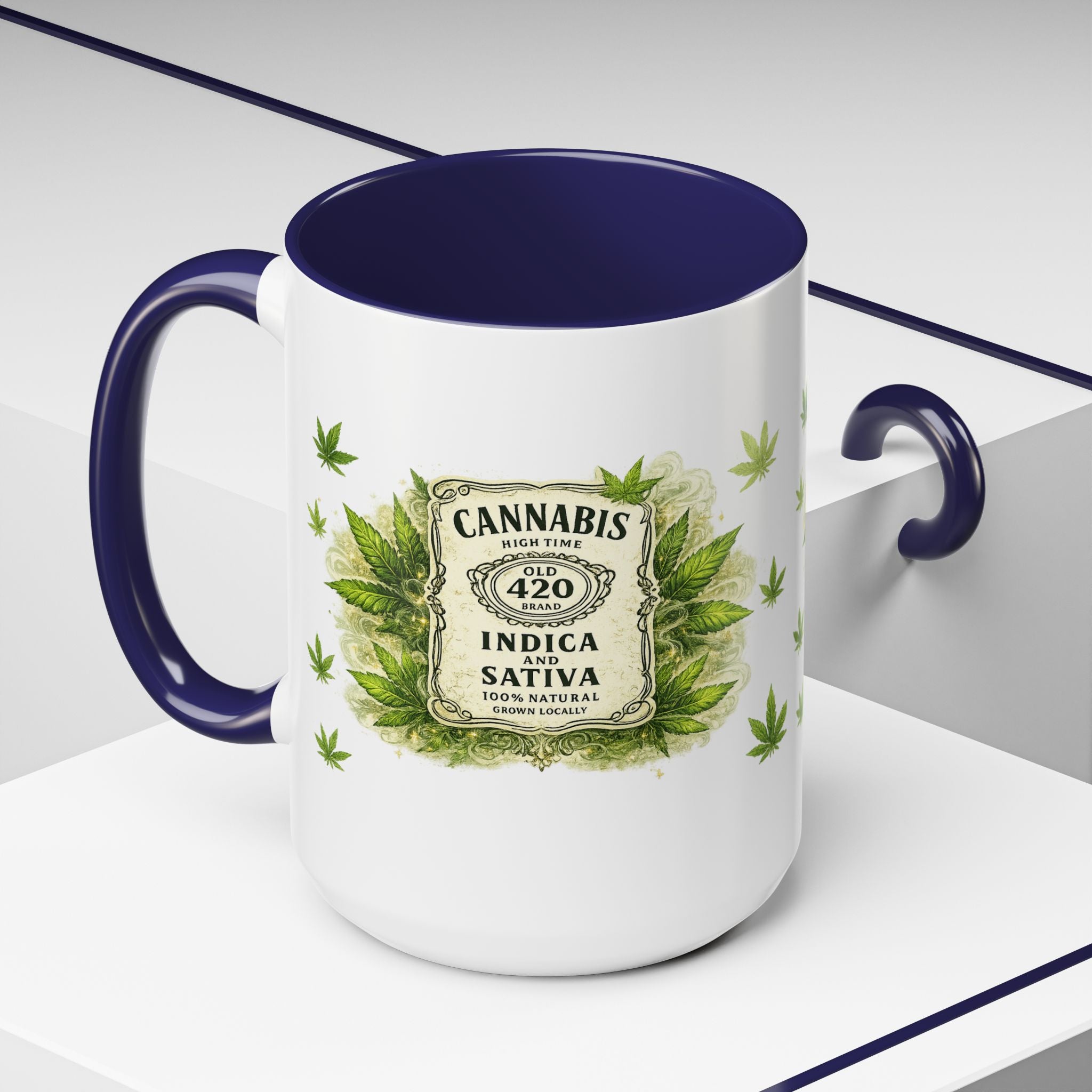 Cannabis 420 Accent Coffee Mug — Indica & Sativa Leaf Pattern (11/15oz)