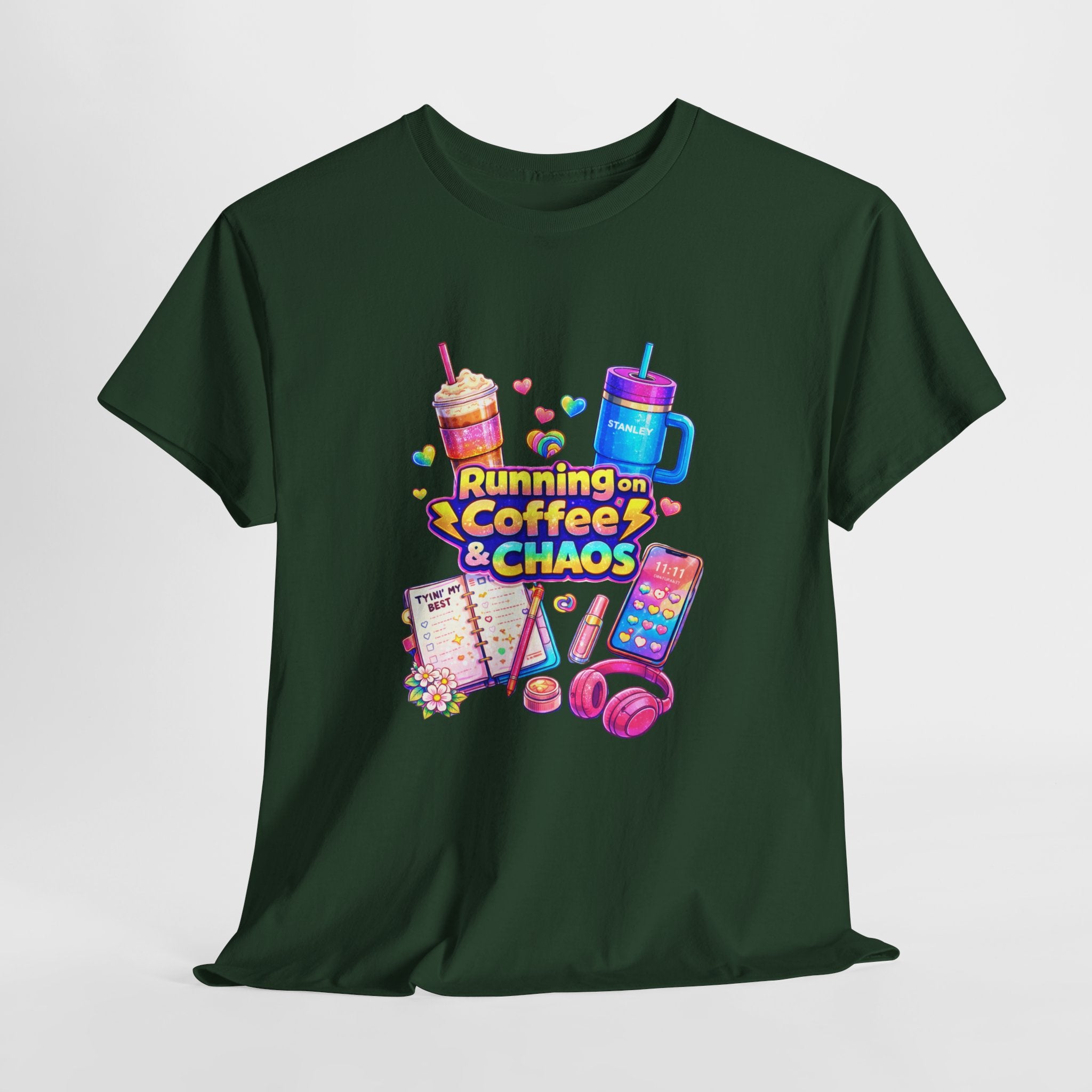 Graphic Tee — "Running on Coffee & Chaos" Colorful Planner Lover Shirt
