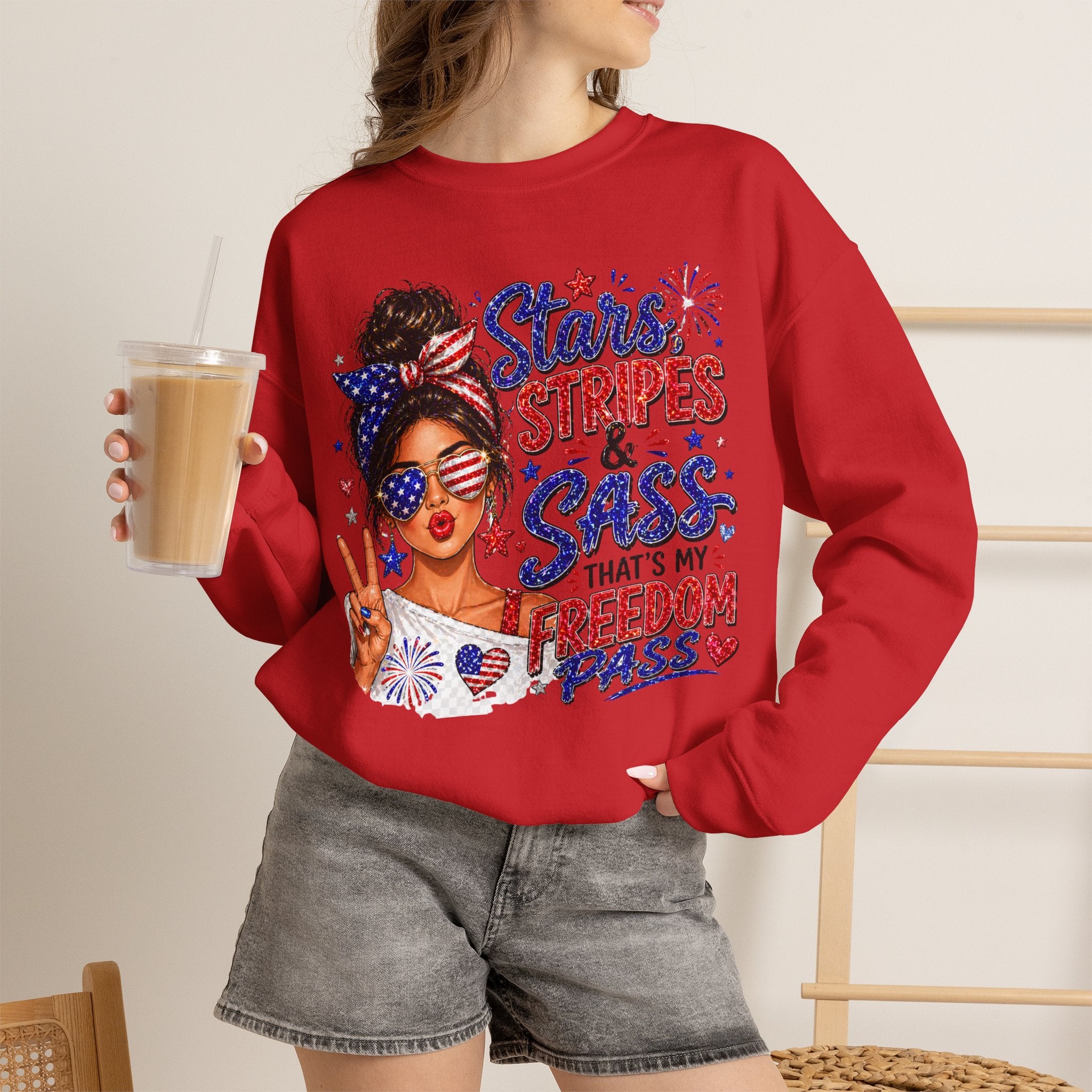 Patriotic 'Stars, Stripes & Sass' Crewneck Sweatshirt – 4th of July Freedom Pass Graphic