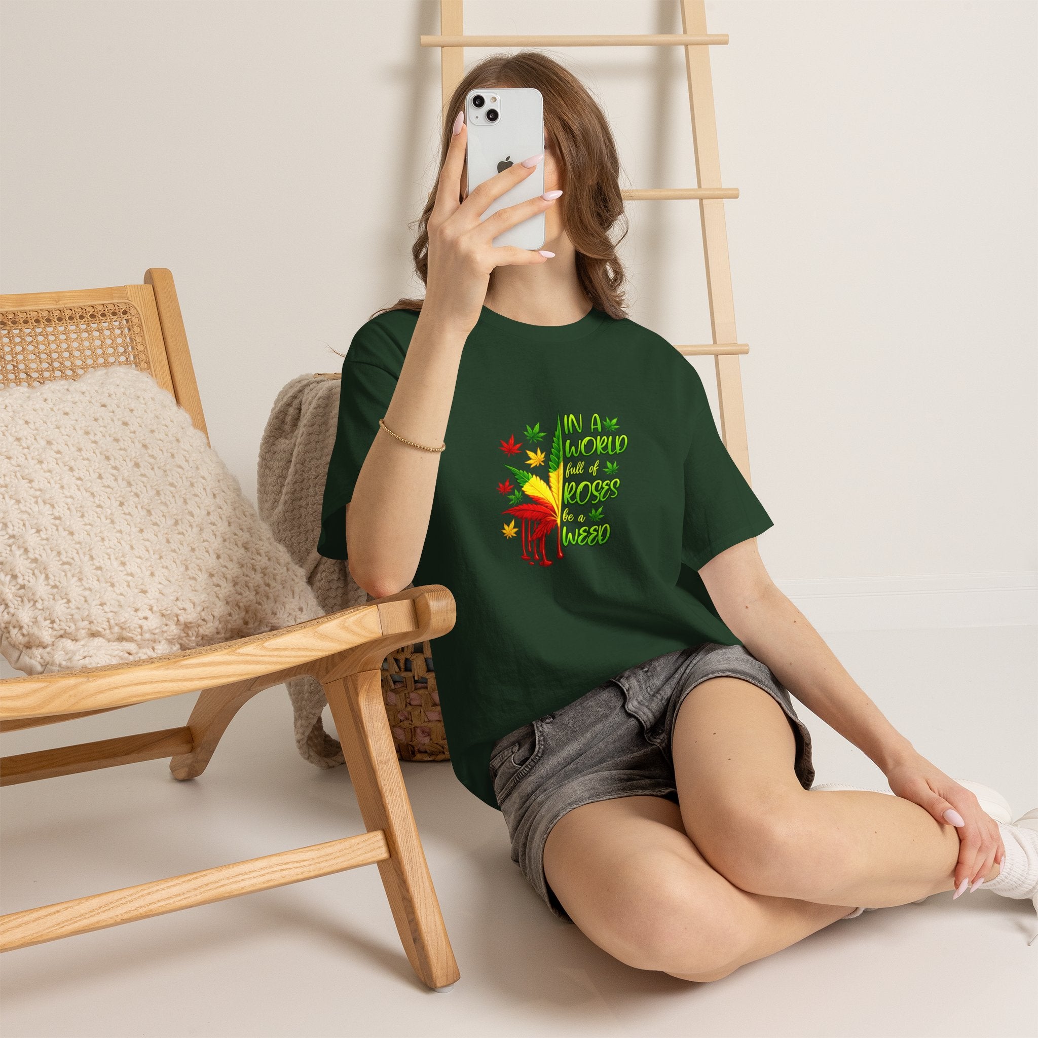 T-Shirt — "In A World Where Mosses Rule" Colorful Mushroom & Leaf Graphic