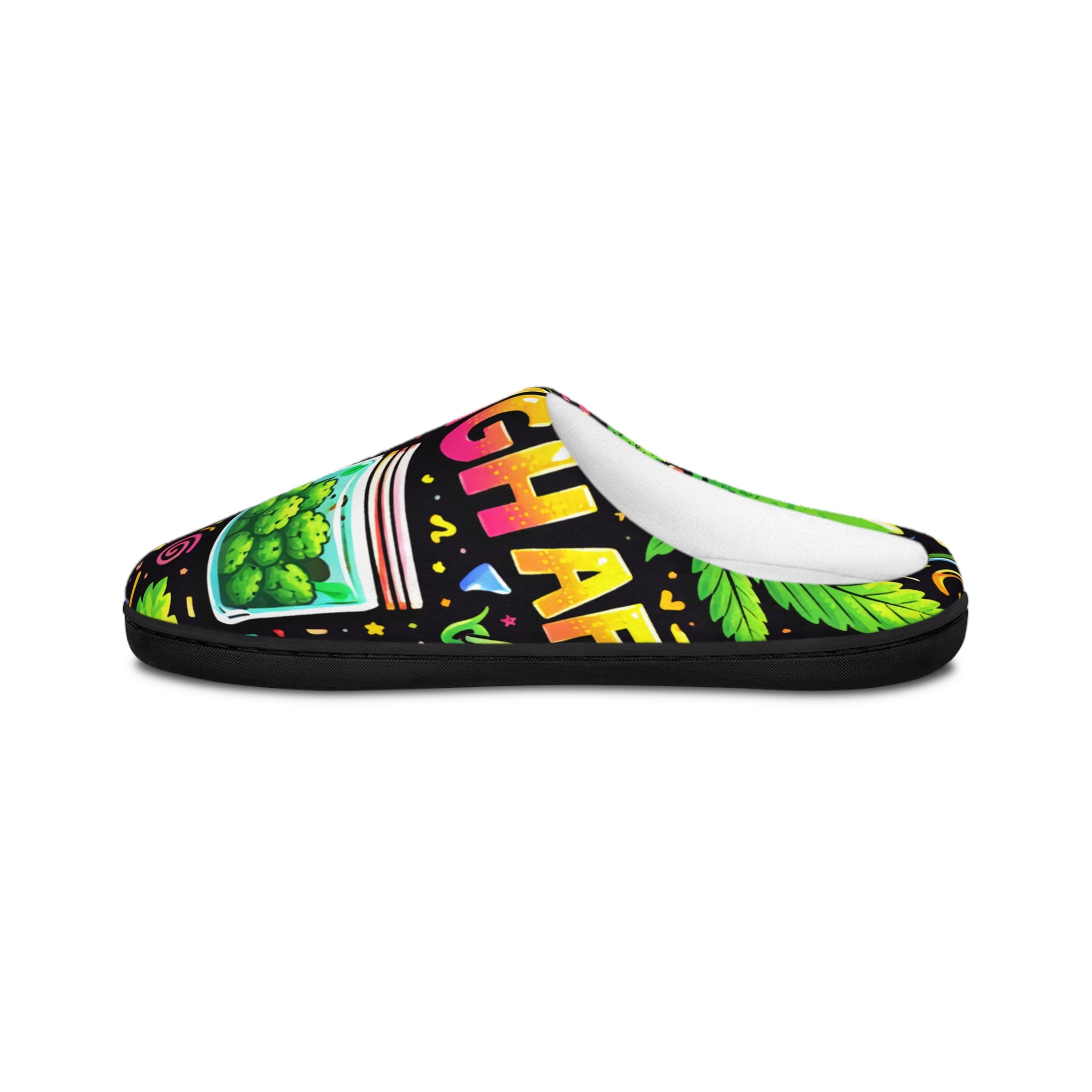 Indoor Slippers — Colorful Cannabis “High” Graphic Cozy Slides