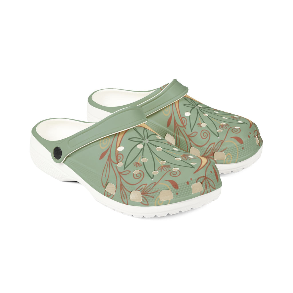 Green Botanical Leaf EVA Clogs — Comfortable Slip-On Garden Shoes