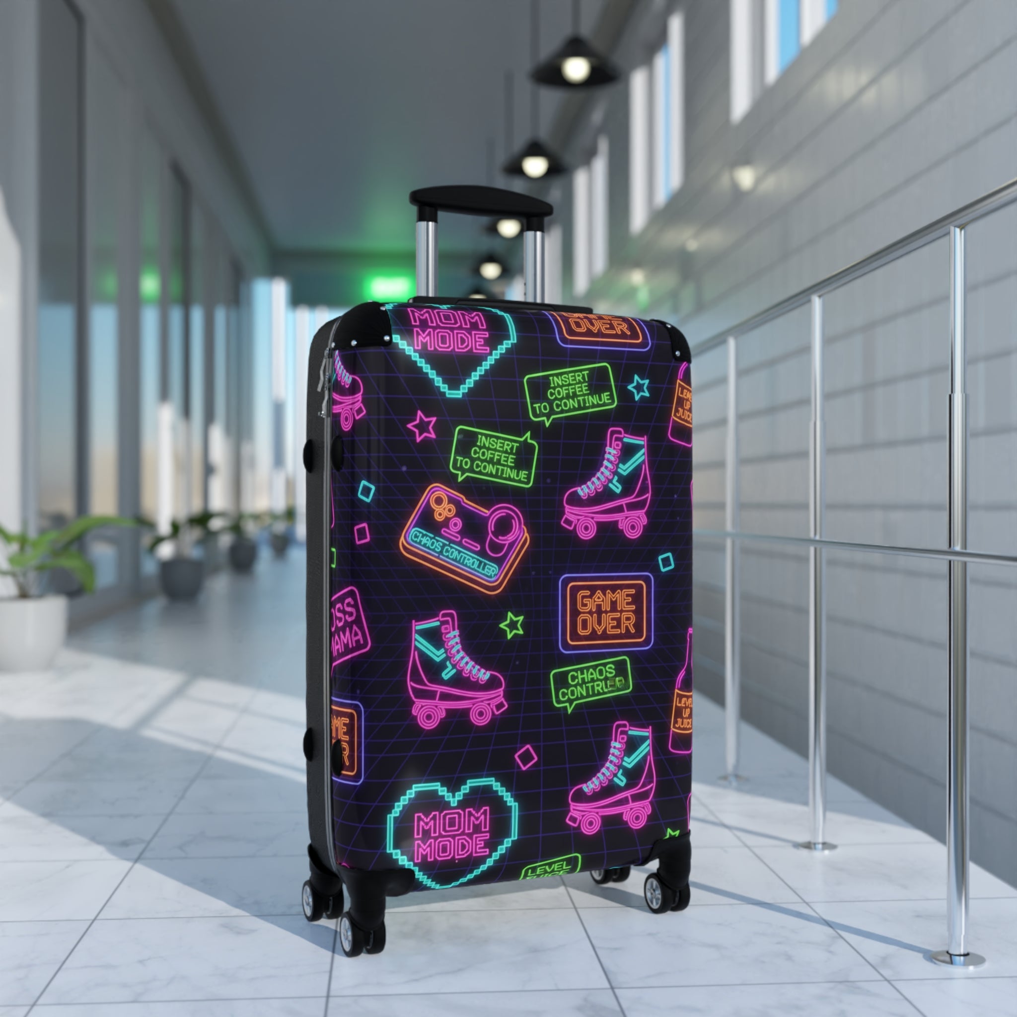 Neon Retro Arcade Suitcase – Roller Skates & Game Over Travel Luggage