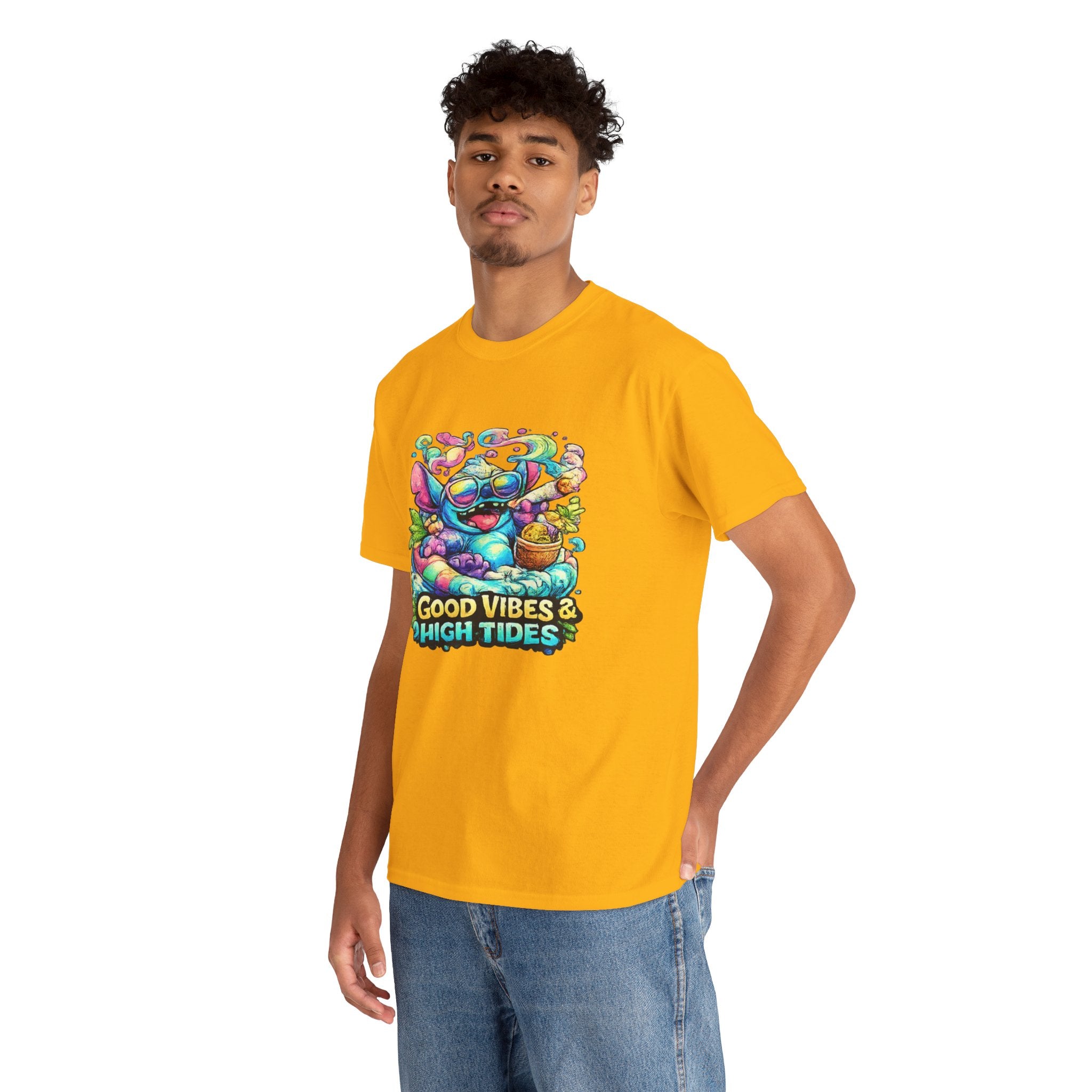 T-Shirt — "Good Vibes & High Tides" Colorful Surf Shark Graphic Tee