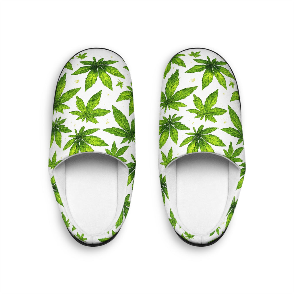 Women's Indoor Slippers — Green Watercolor Cannabis Leaf Pattern Cozy House Shoes