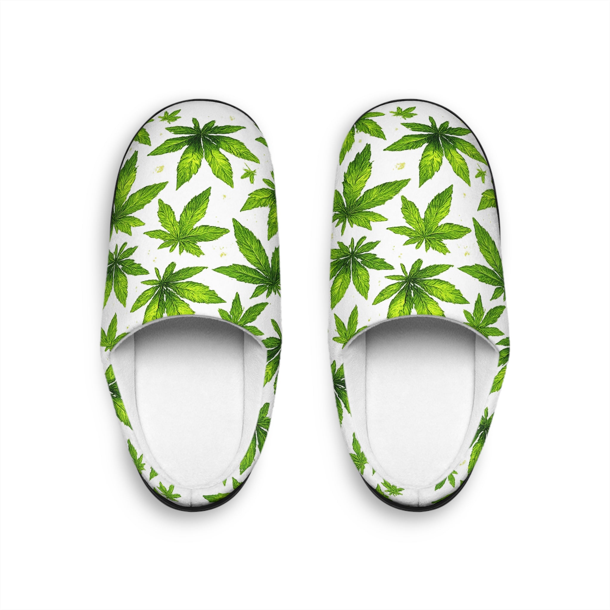 Women's Indoor Slippers — Green Watercolor Cannabis Leaf Pattern Cozy House Shoes
