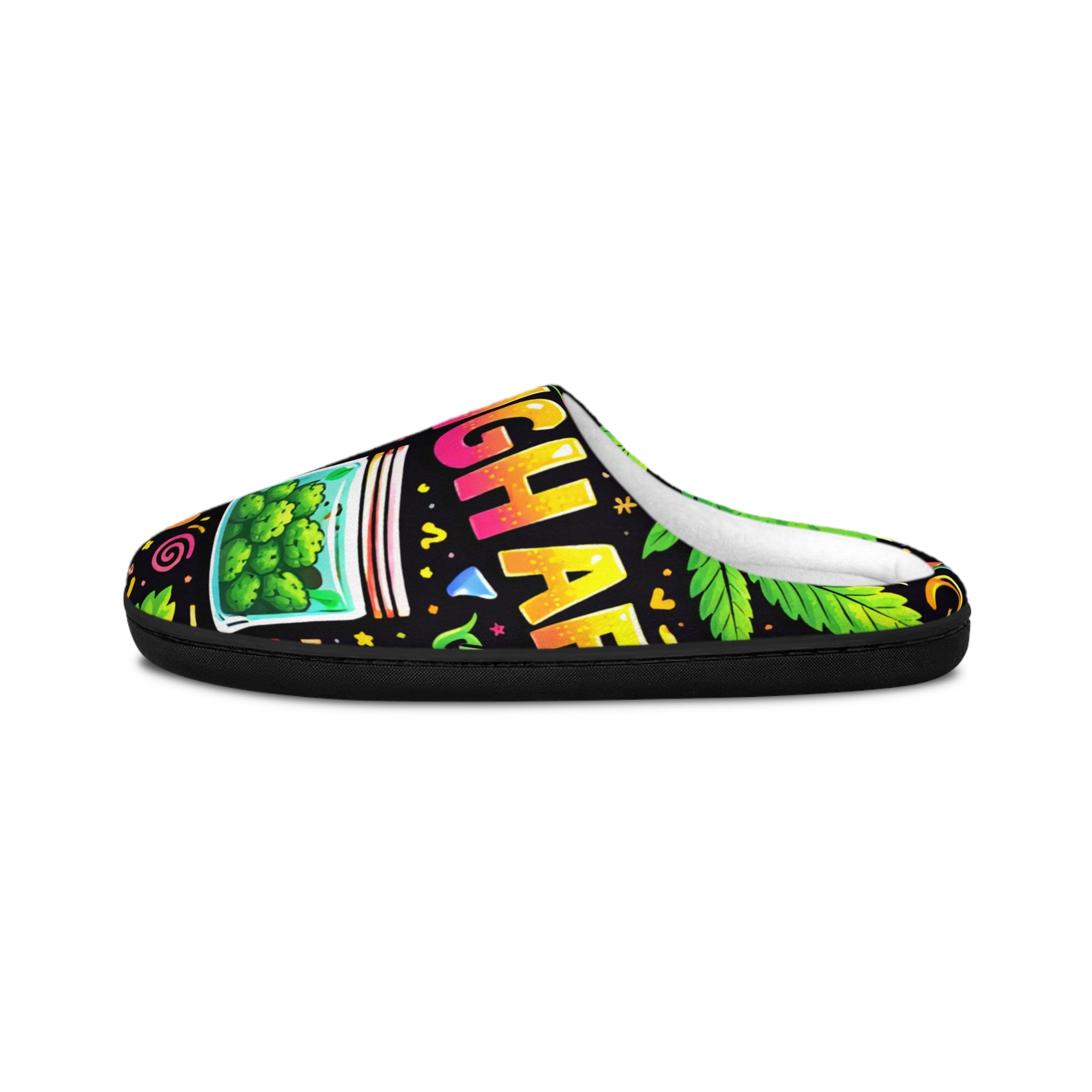 Indoor Slippers — Colorful Cannabis “High” Graphic Cozy Slides