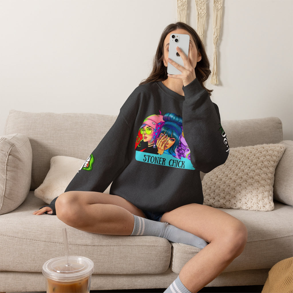 Stoner Chicks Crewneck Sweatshirt — Retro Cannabis Graphic