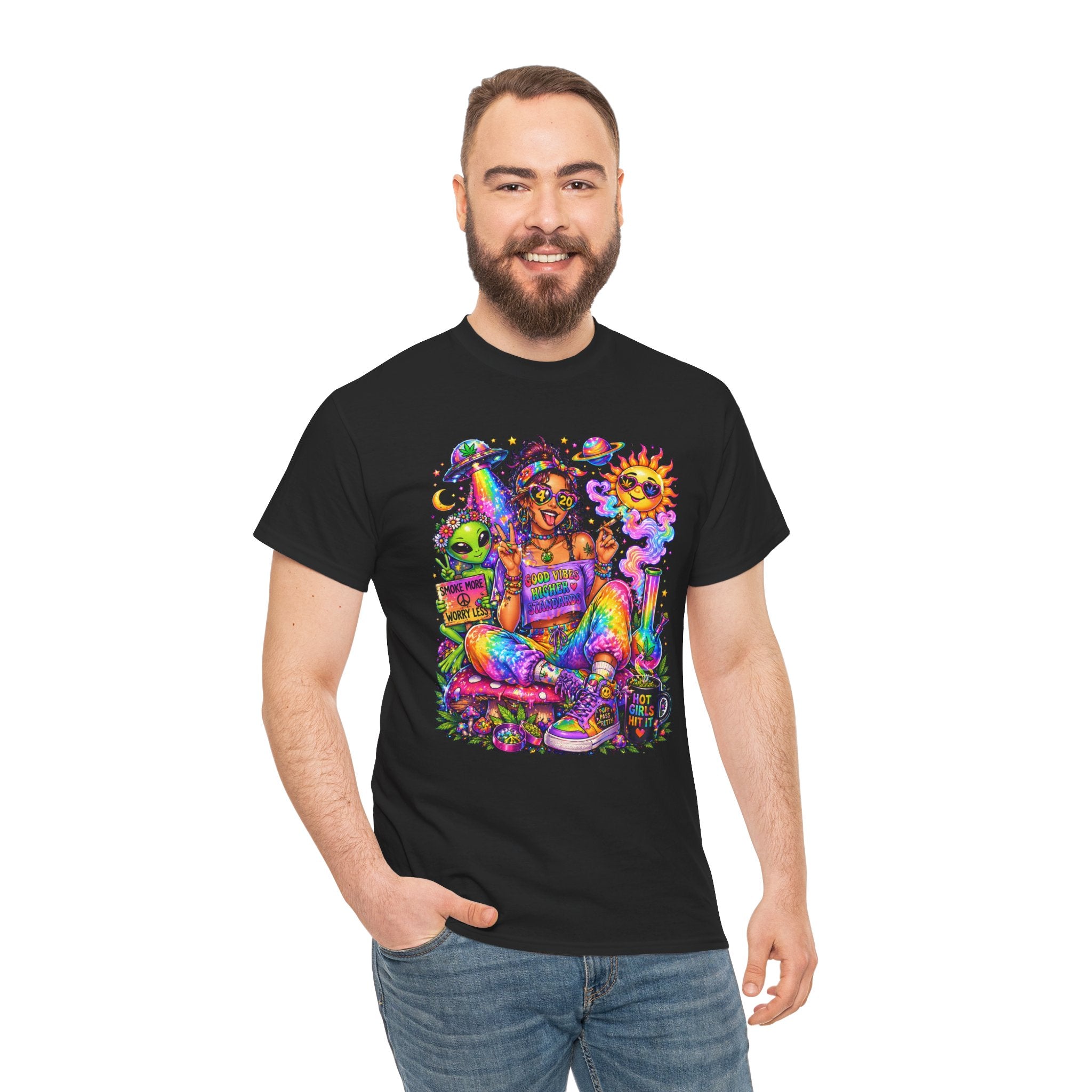 Psychedelic Hippie Girl T-Shirt — Colorful Boho Sun, Mushroom & Alien Graphic Tee