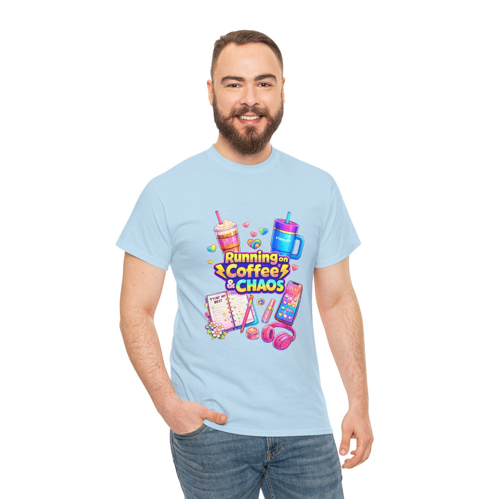 Graphic Tee — "Running on Coffee & Chaos" Colorful Planner Lover Shirt