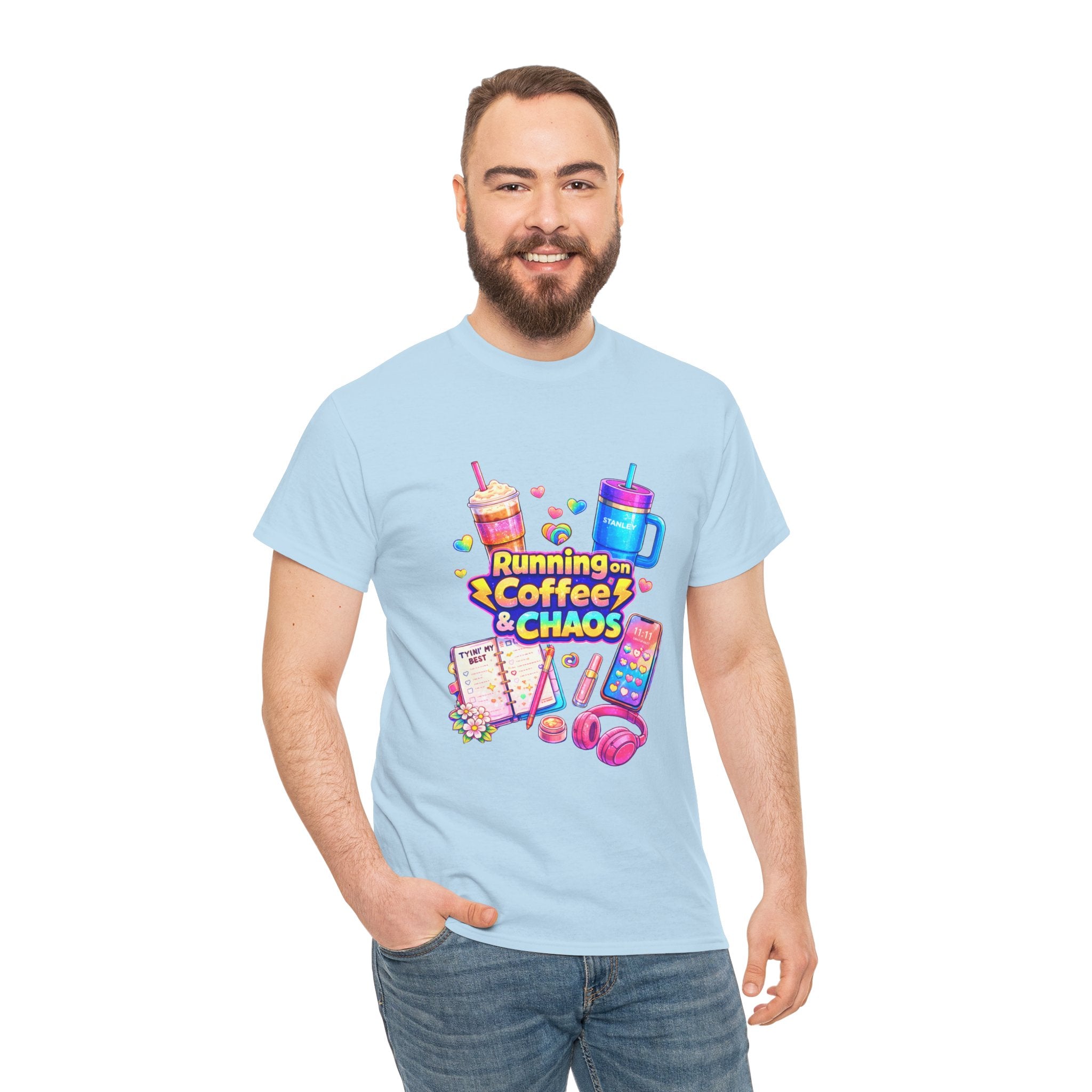 Graphic Tee — "Running on Coffee & Chaos" Colorful Planner Lover Shirt